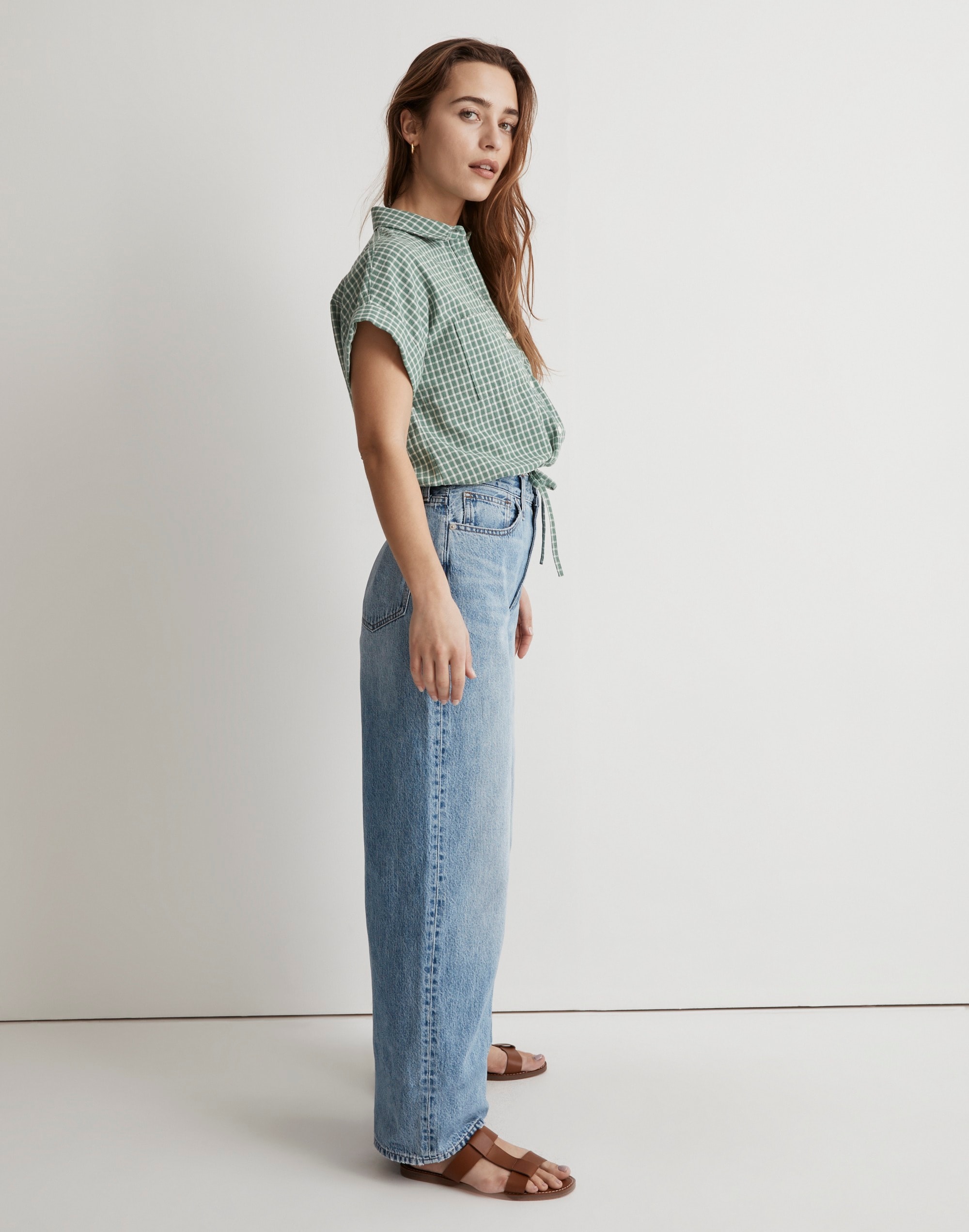 Button-Up Drawstring Shirt in Yarn-Dyed Plaid