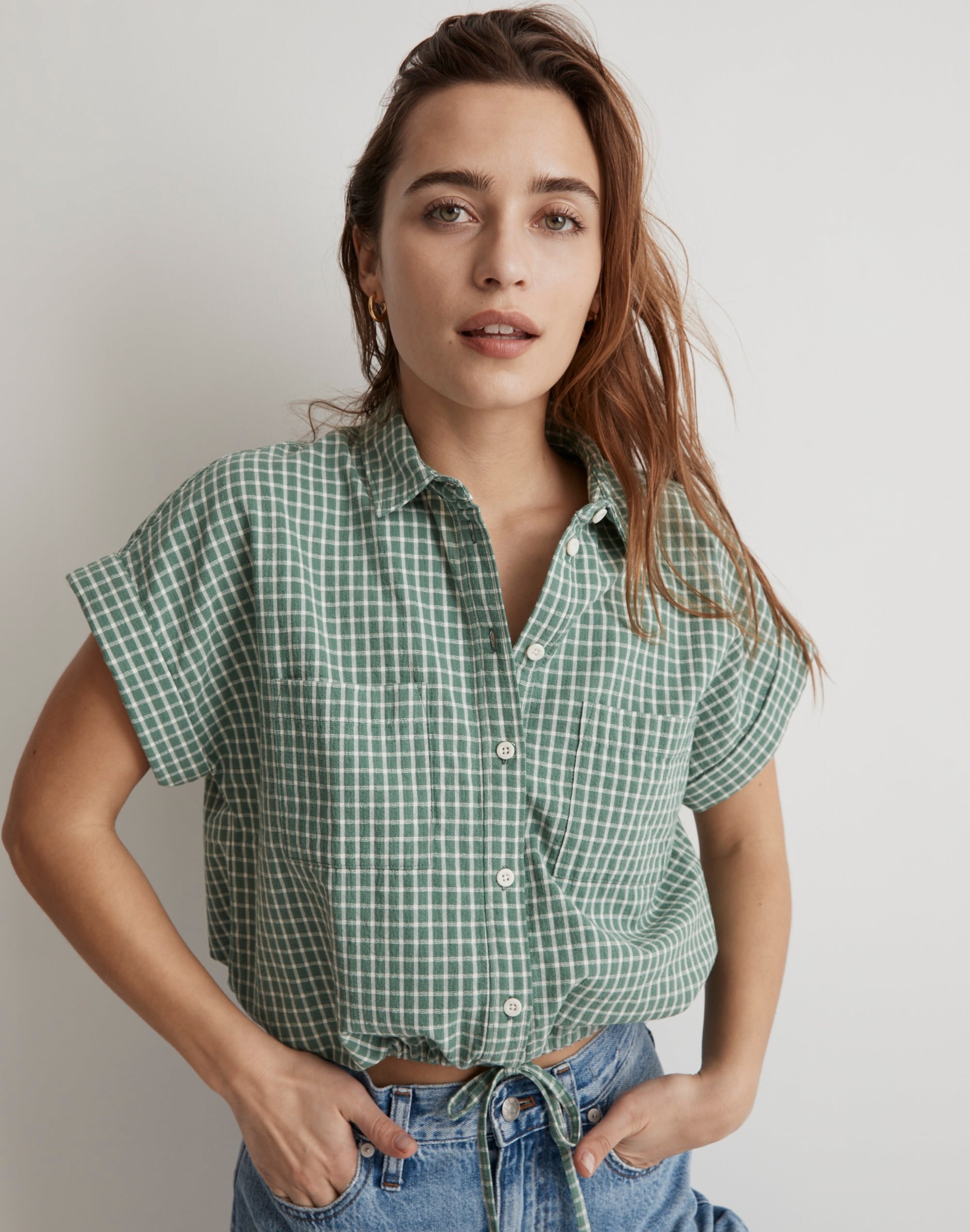 Button-Up Drawstring Shirt in Yarn-Dyed Plaid