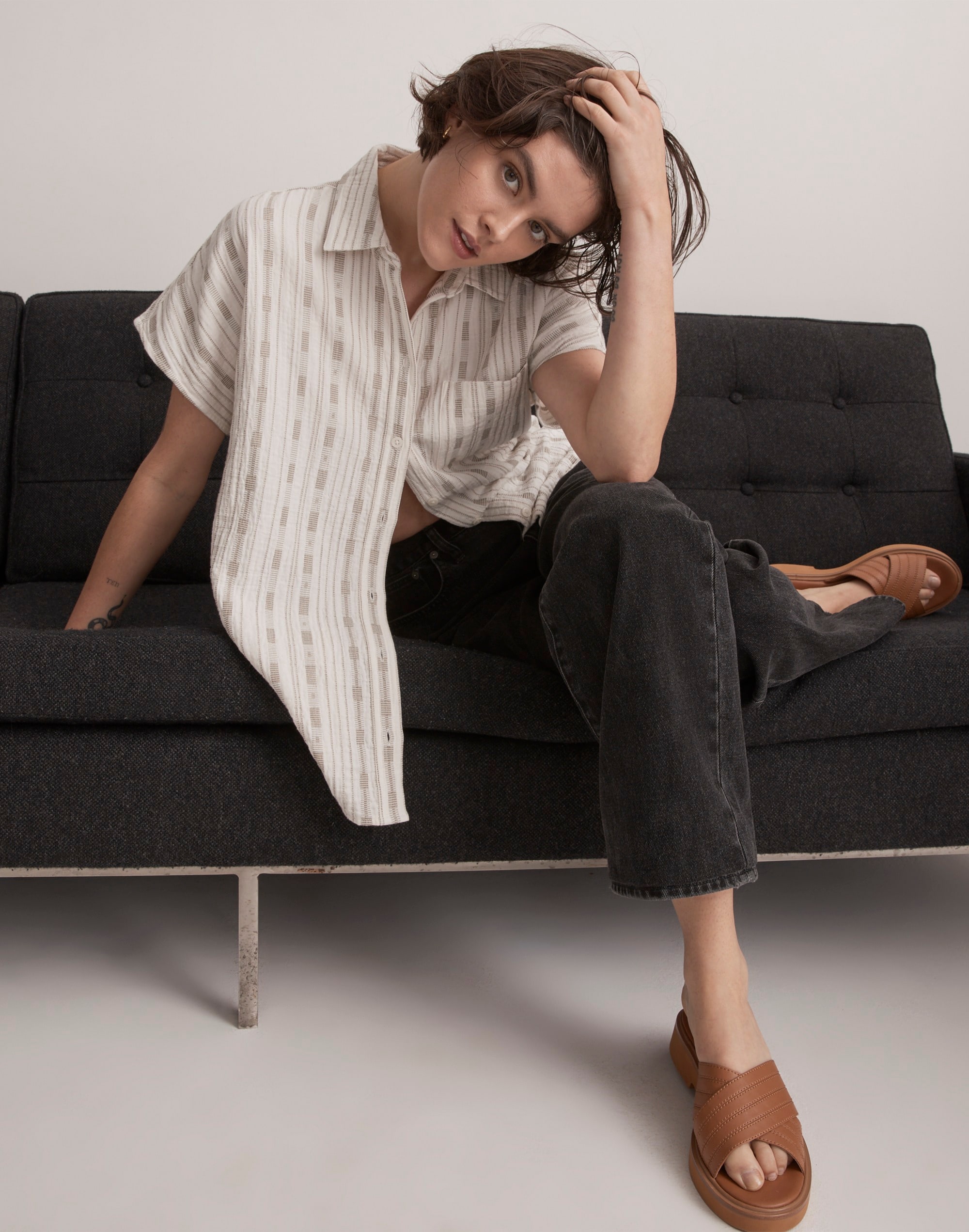 dobby-striped dolman-sleeve button-up shirt