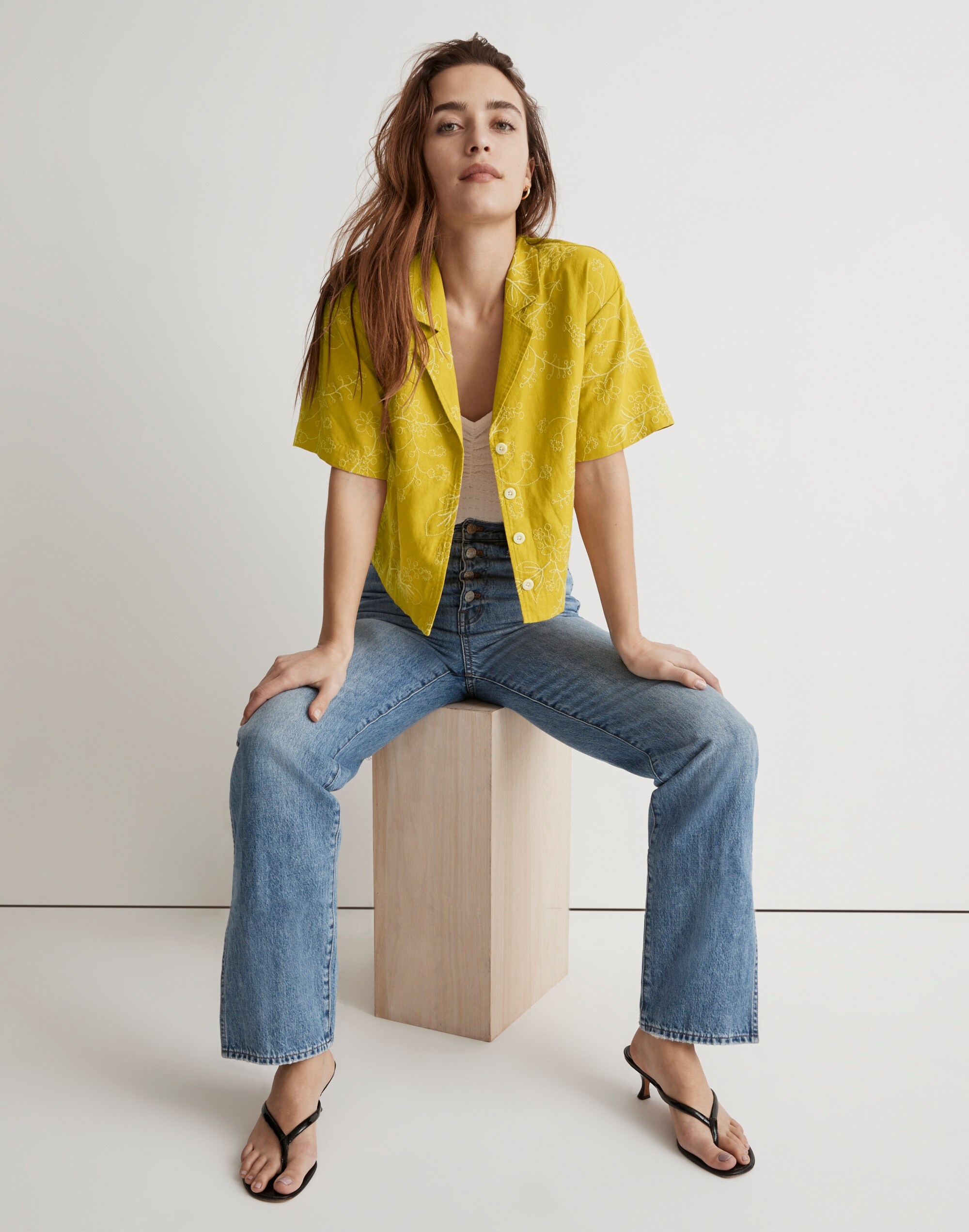 Embroidered Linen-Blend Resort Crop Shirt