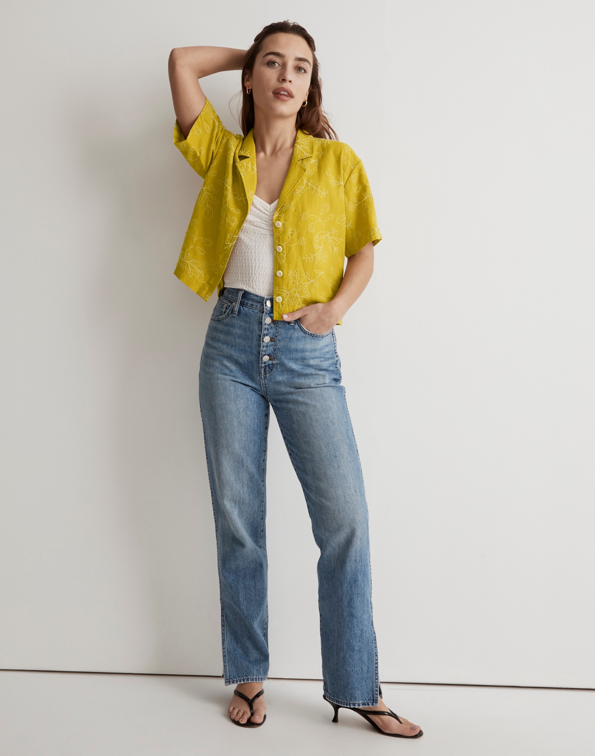 embroidered linen-blend resort crop shirt