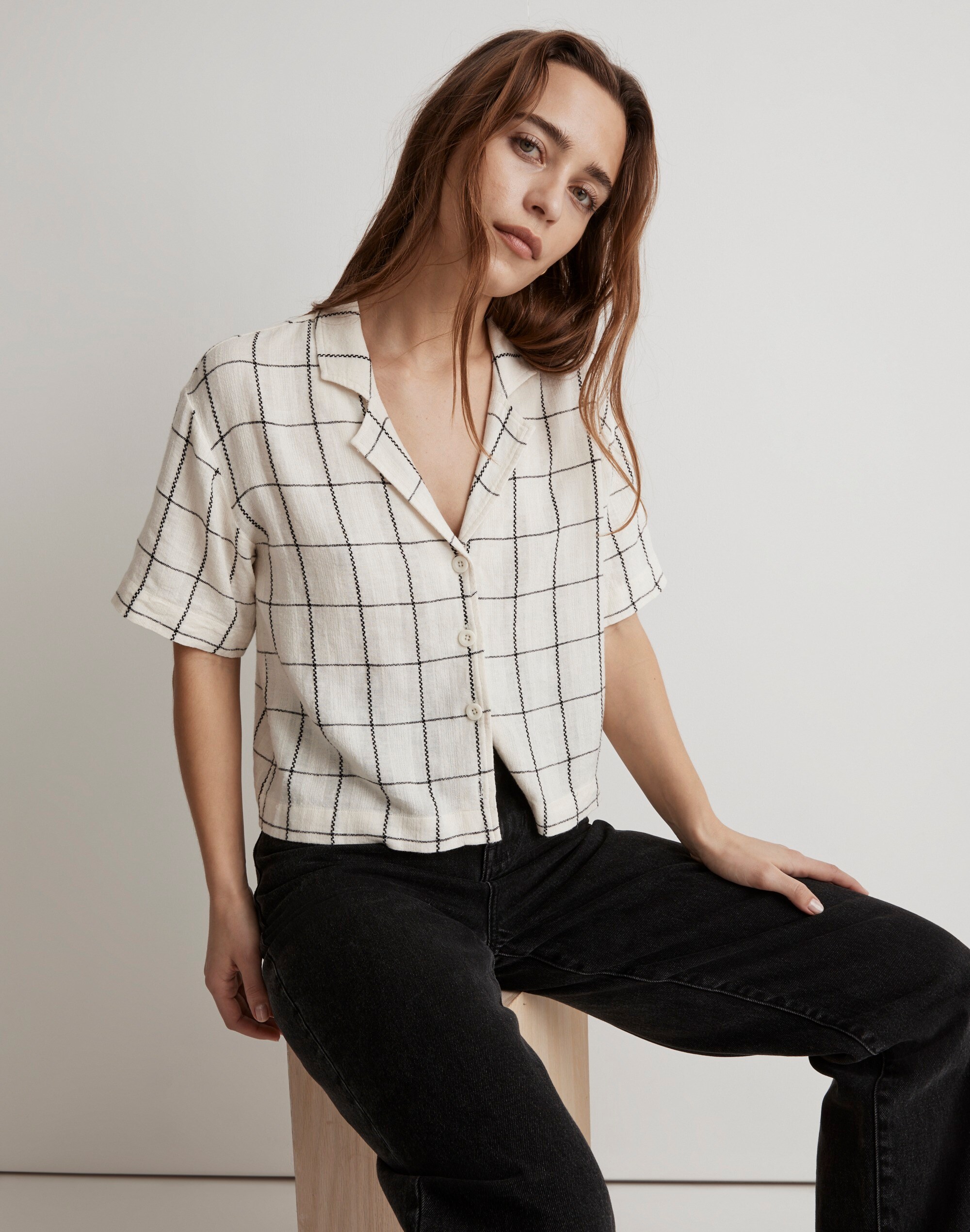 Linen-Blend Resort Crop Shirt in Windowpane