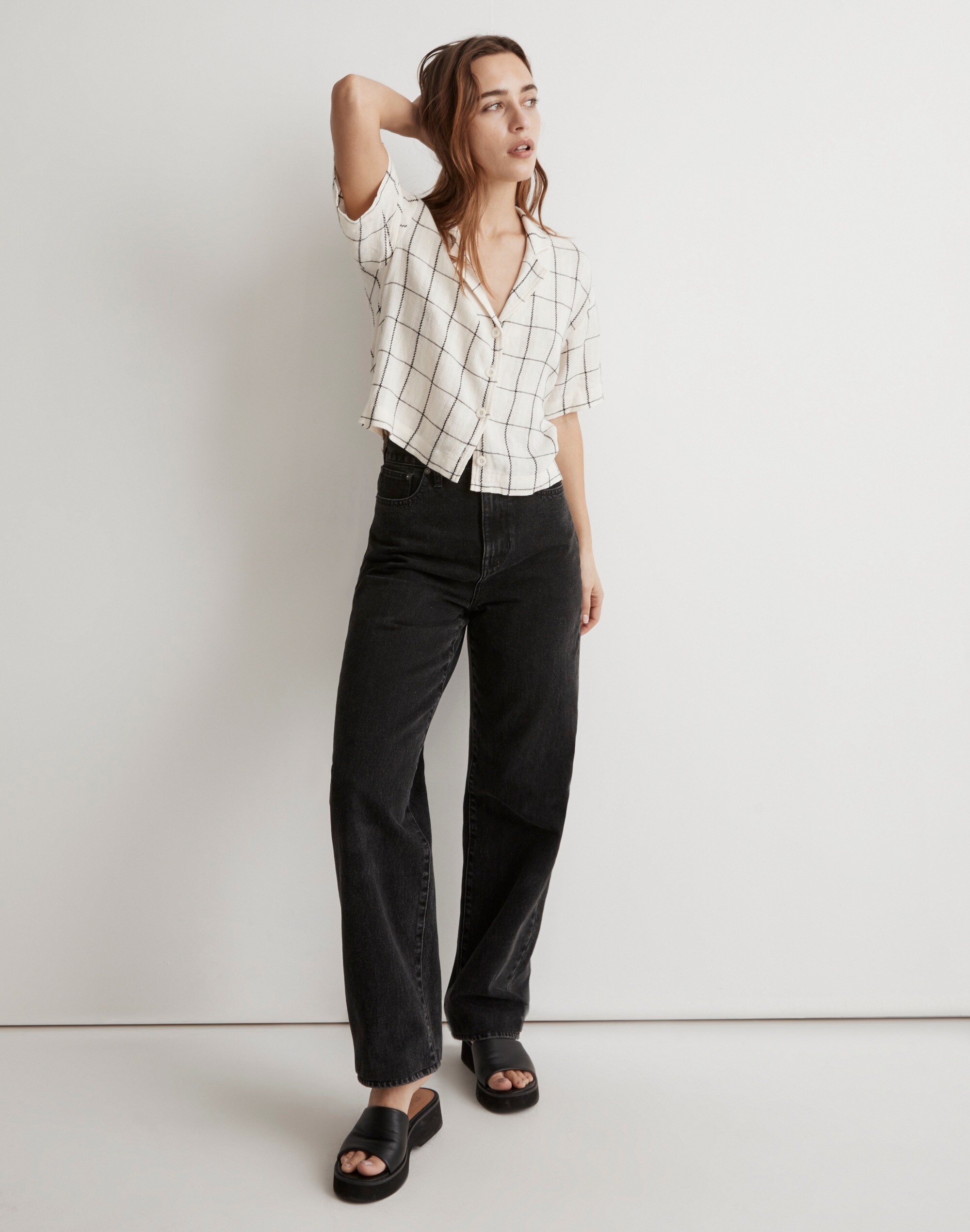 Linen-Blend Resort Crop Shirt in Windowpane