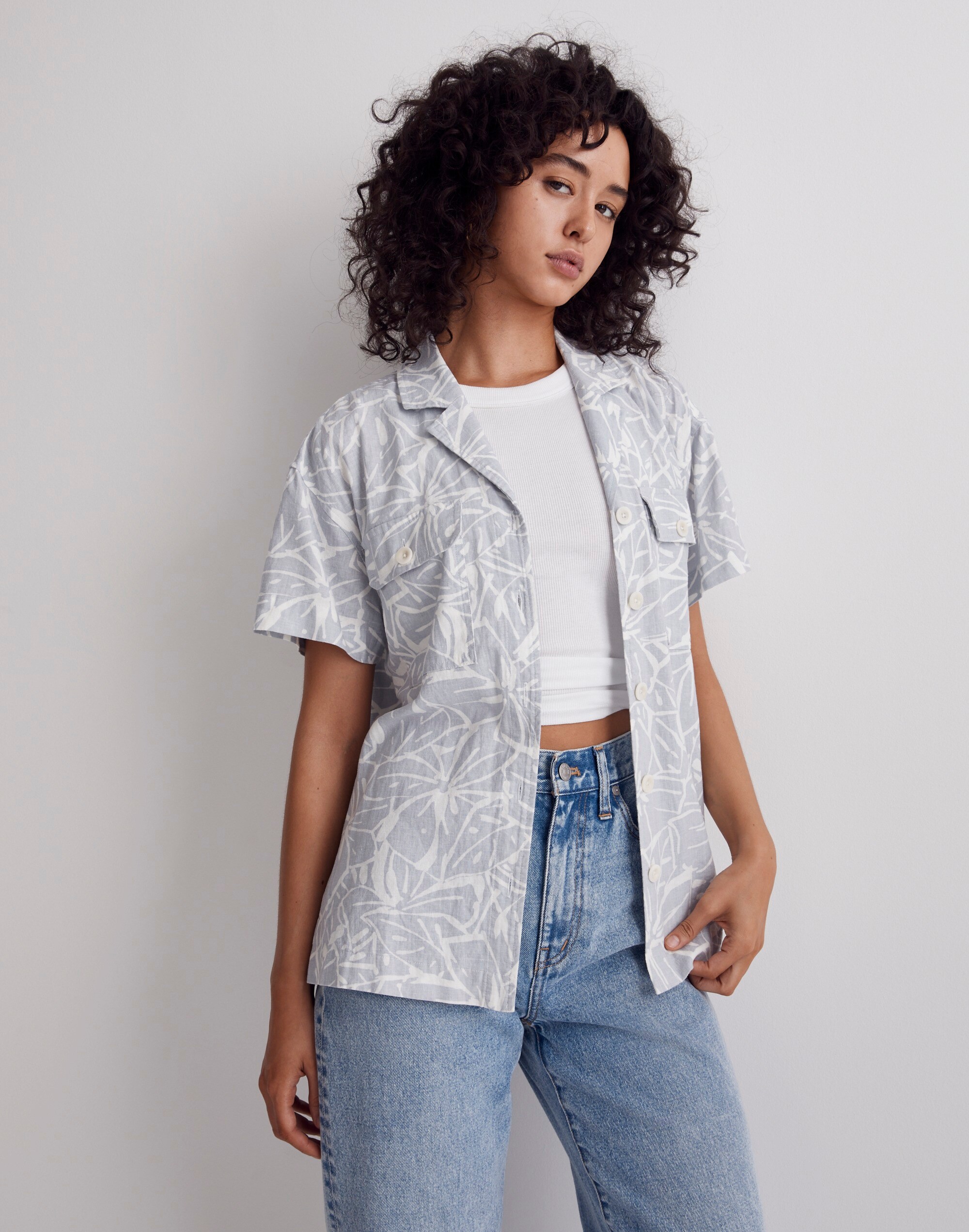Linen-Blend Camp Shirt in Abstract Flora