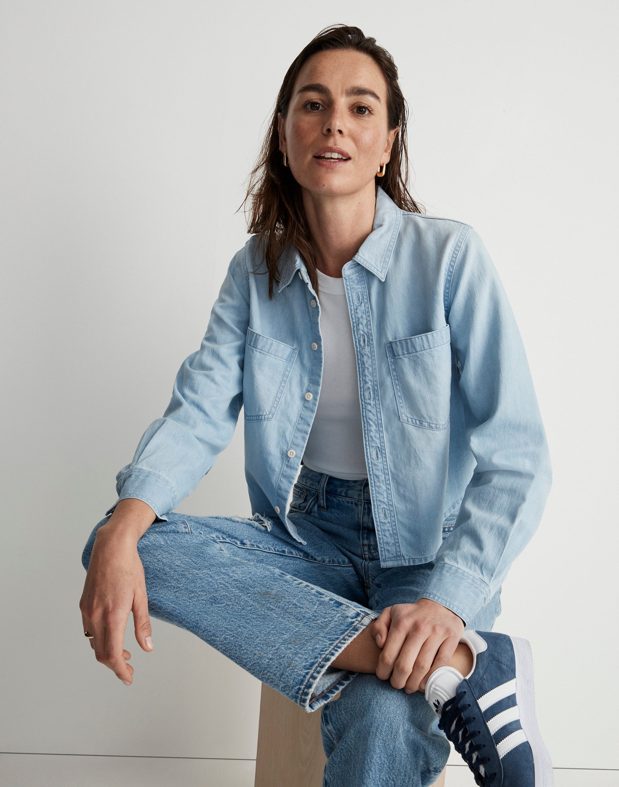 Cotton-Hemp Denim Button-Up Crop Shirt