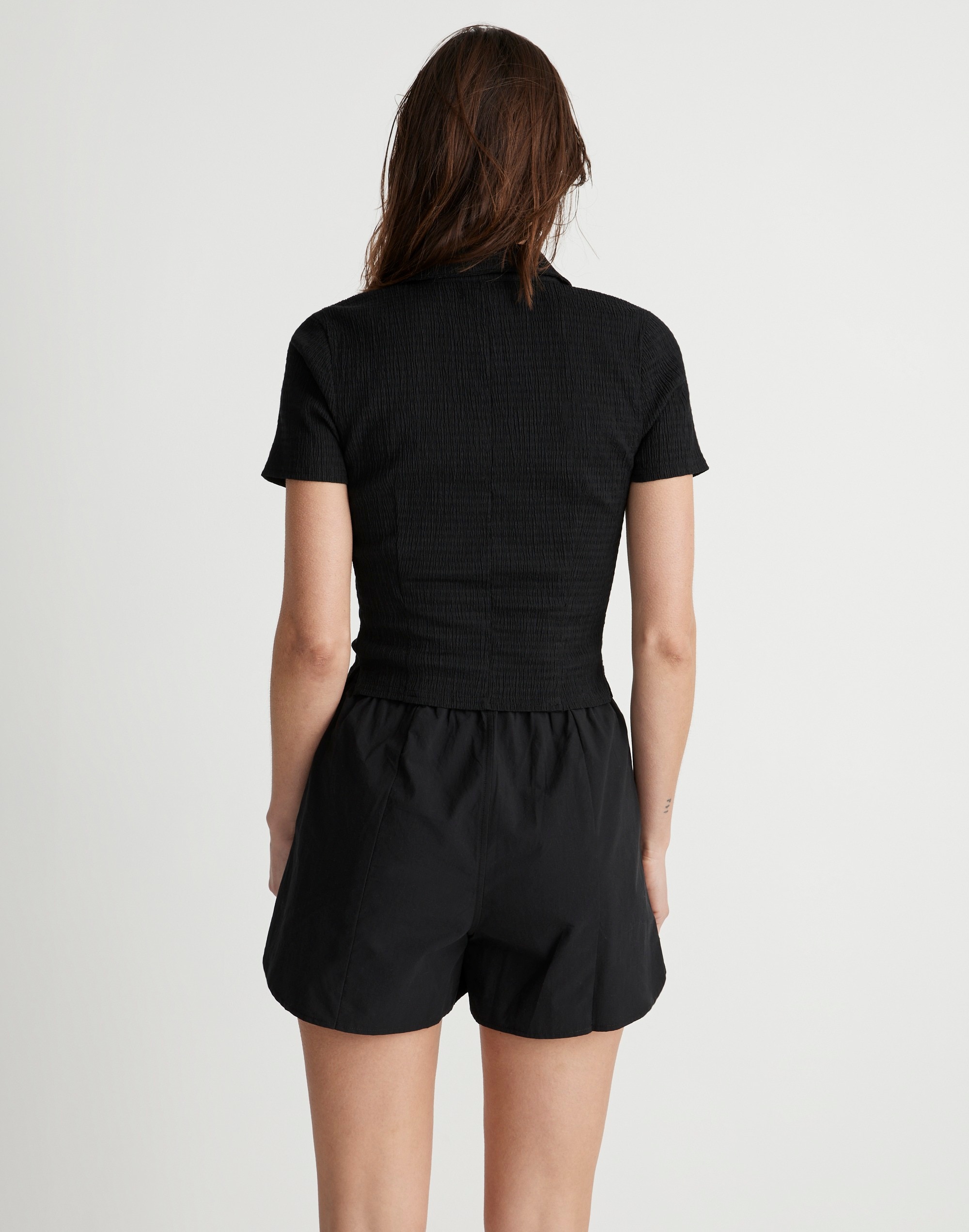 Crinkled Y-Neck Button-Down Shirt