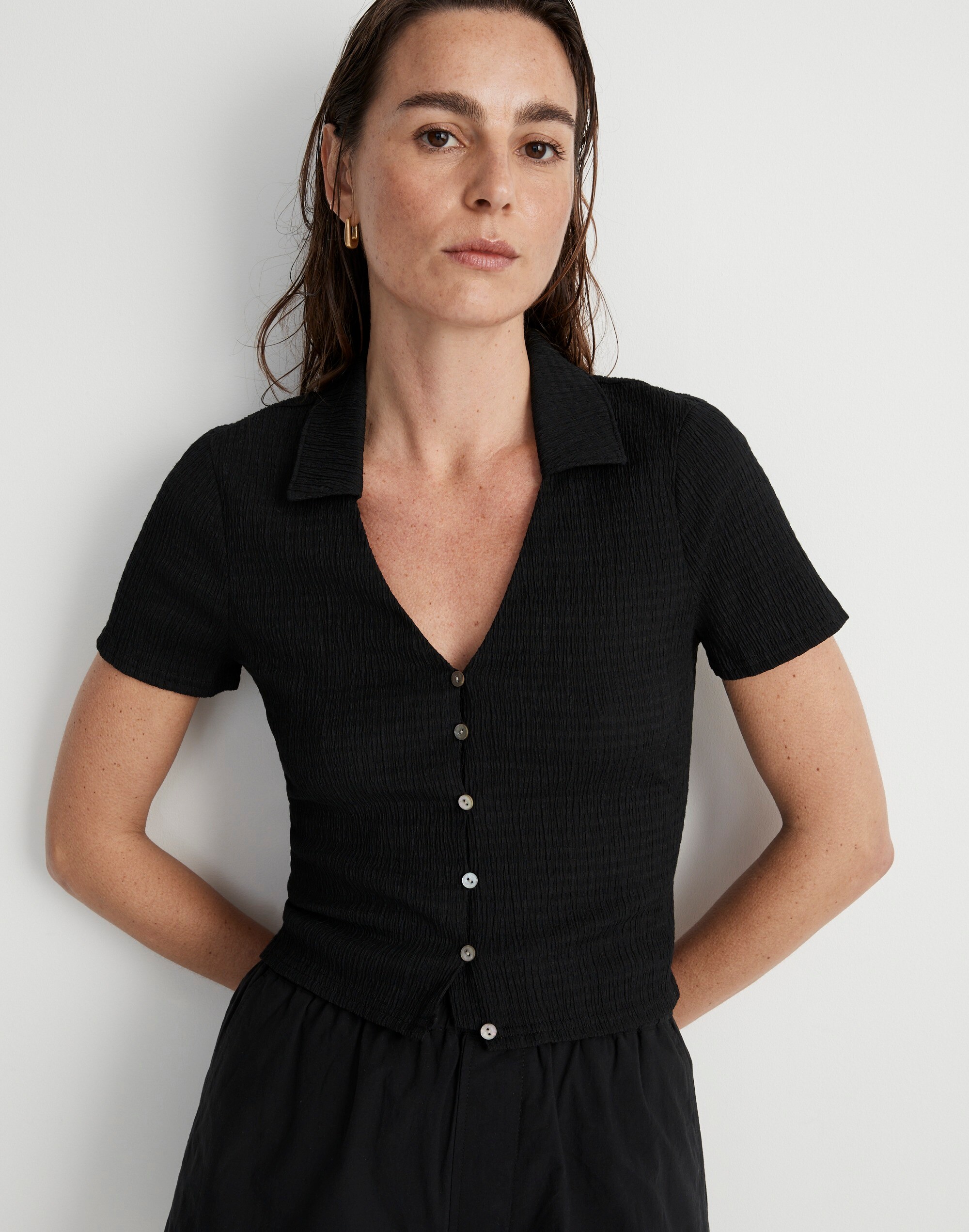 Crinkled Y-Neck Button-Down Shirt