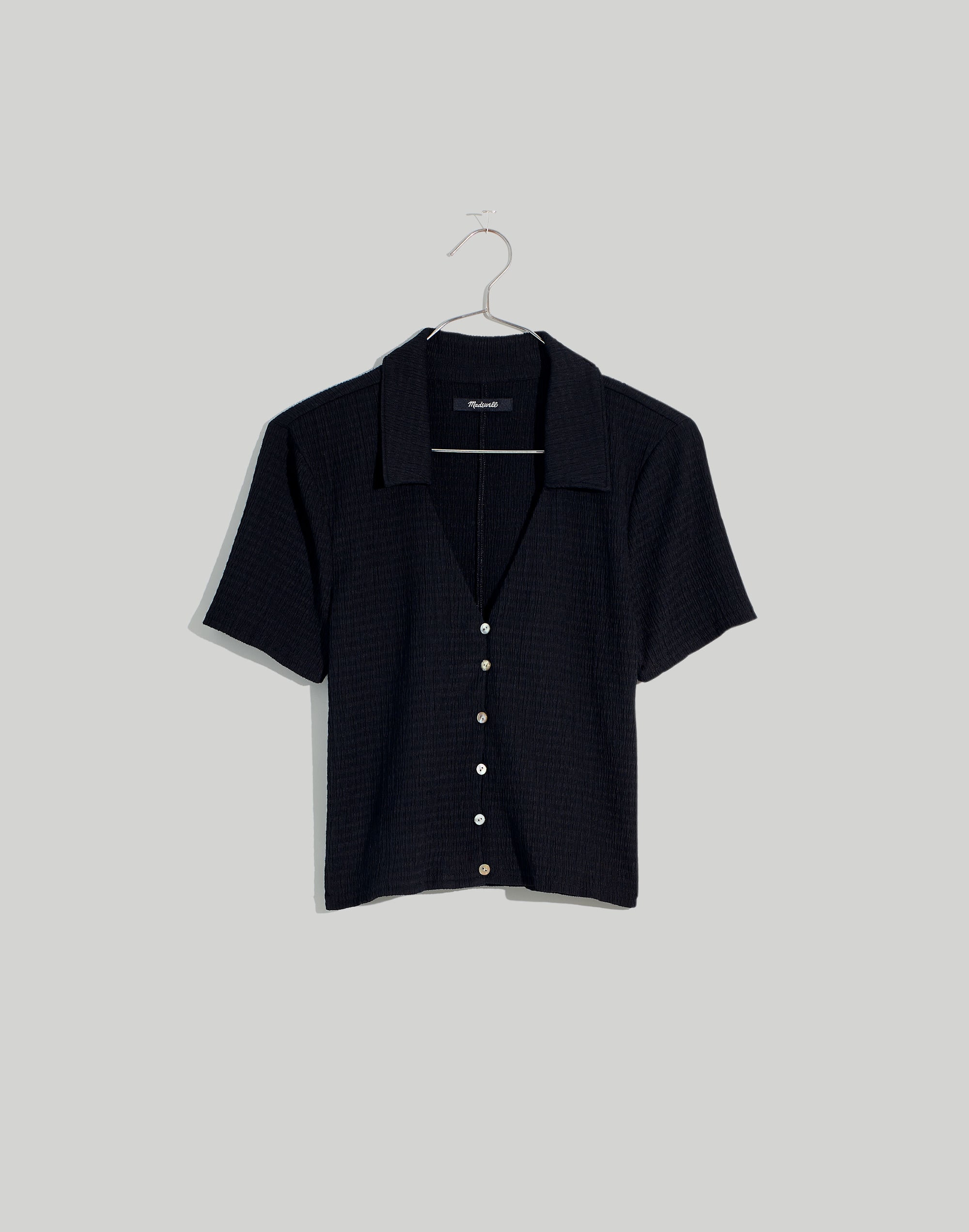 Crinkled Y-Neck Button-Down Shirt