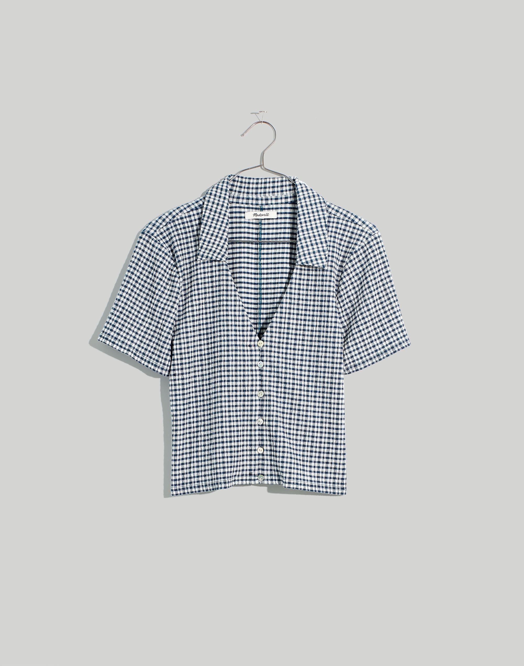 Crinkled Y-Neck Button-Down Shirt in Plaid