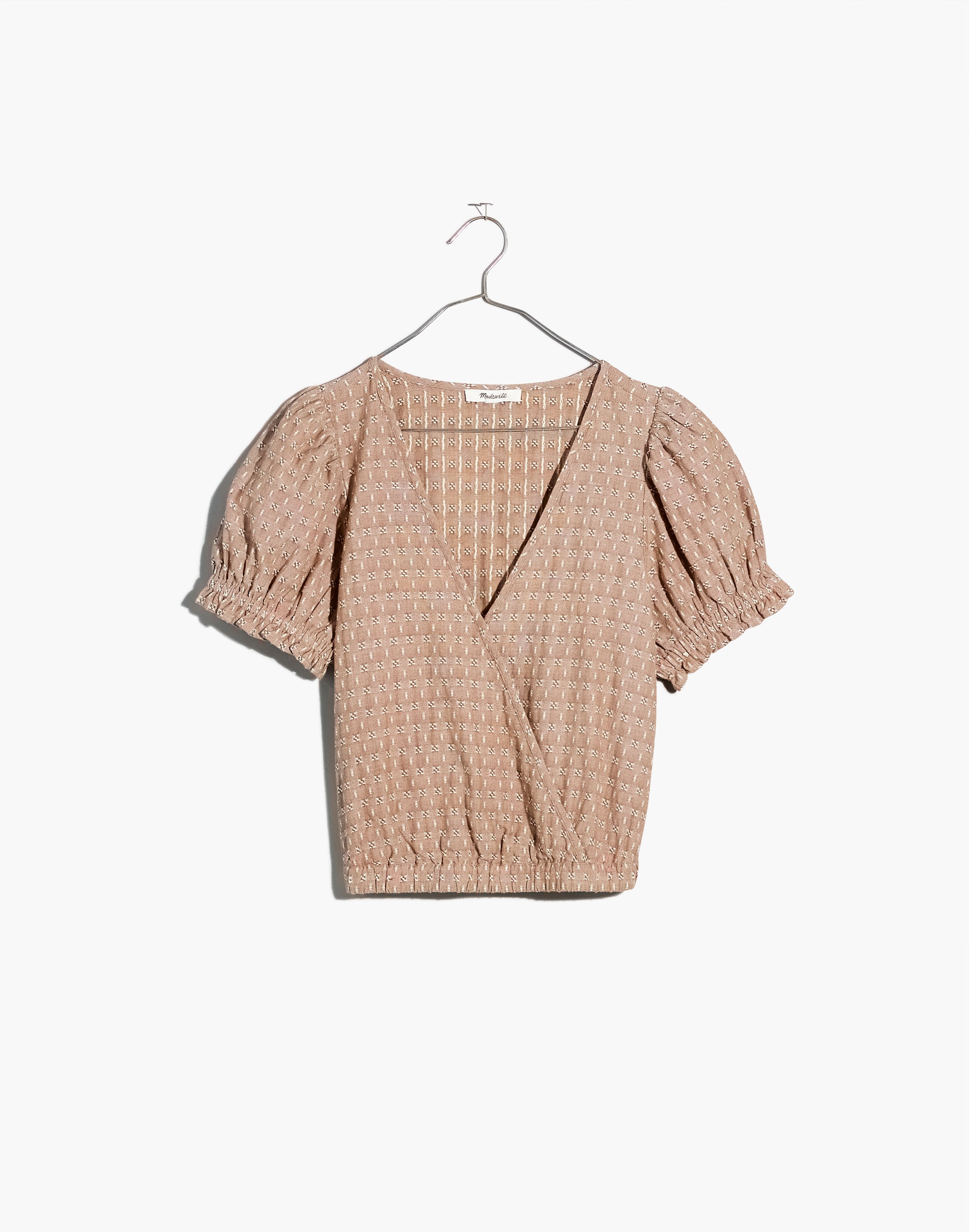 jacquard puff sleeve faux-wrap top