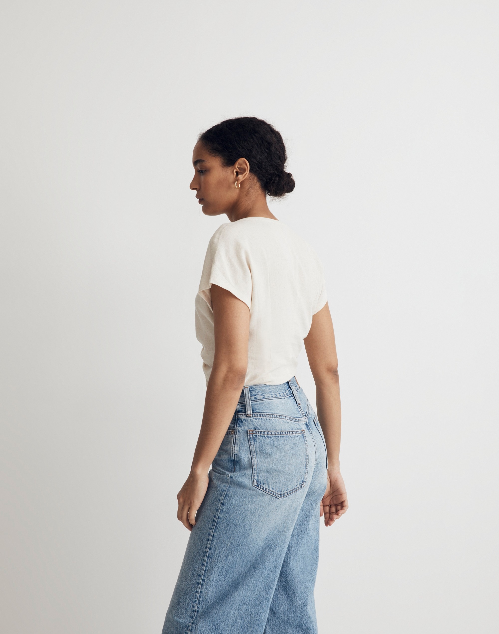 Linen-Blend Ruched Button-Front Top