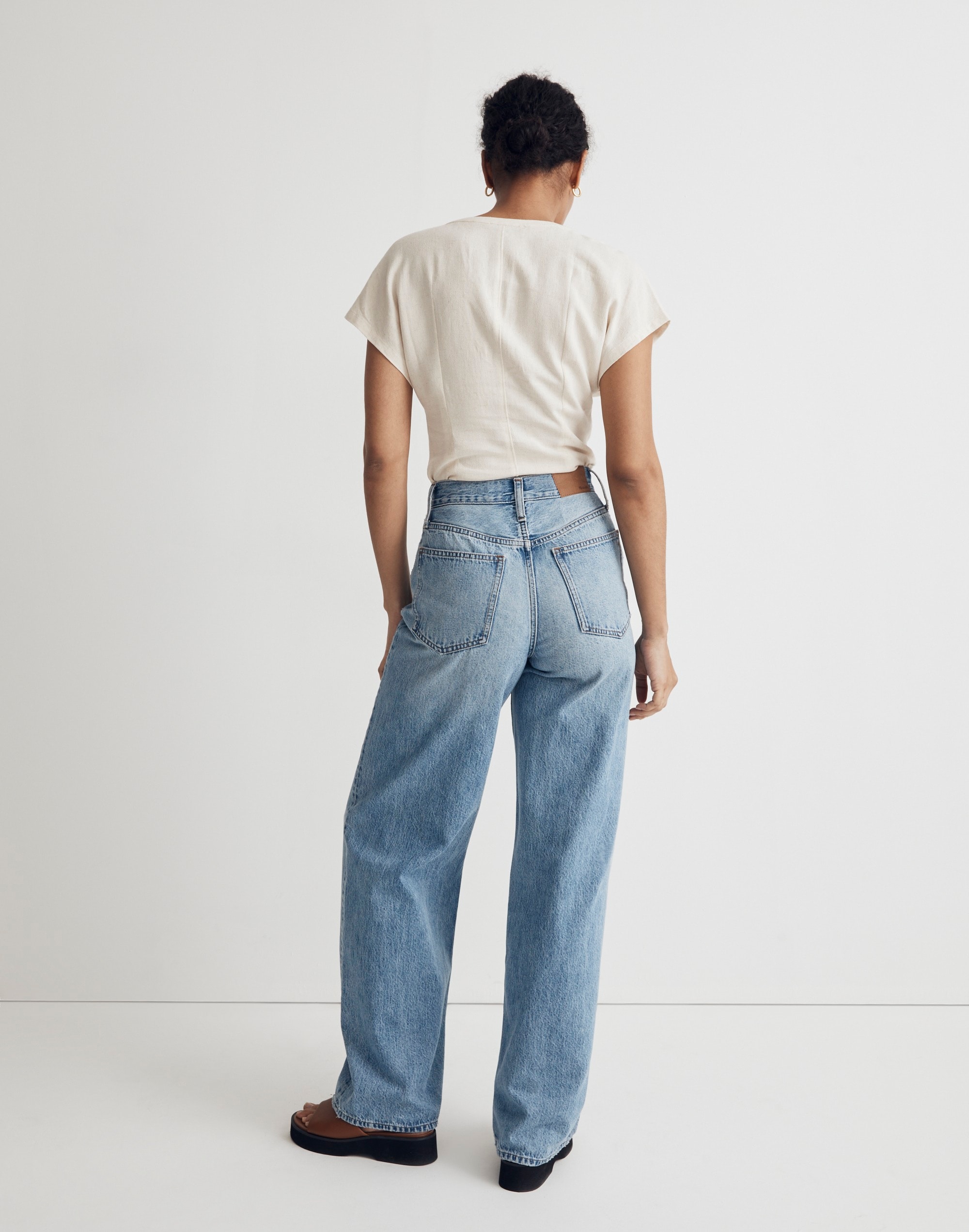 Linen-Blend Ruched Button-Front Top