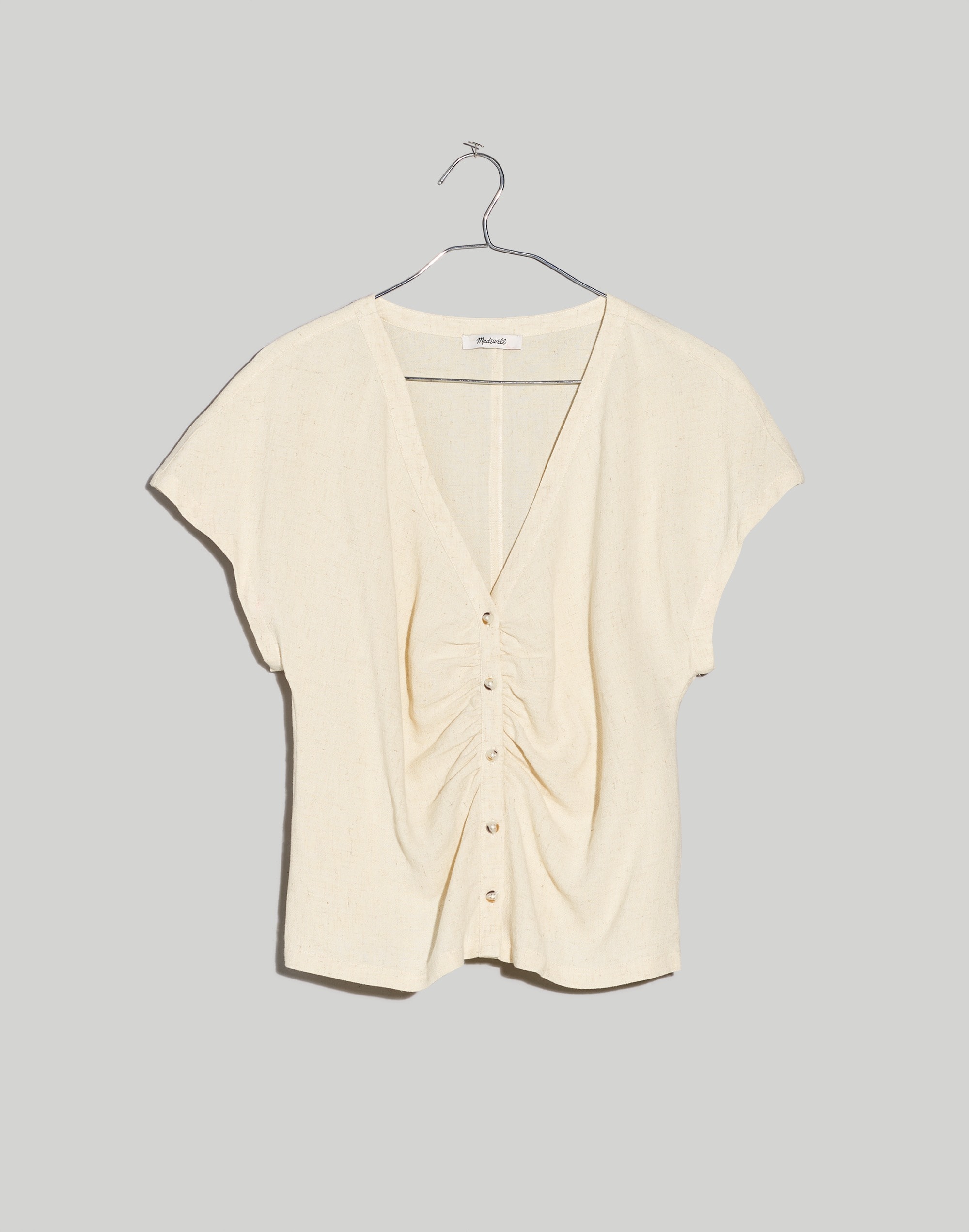Linen-Blend Ruched Button-Front Top