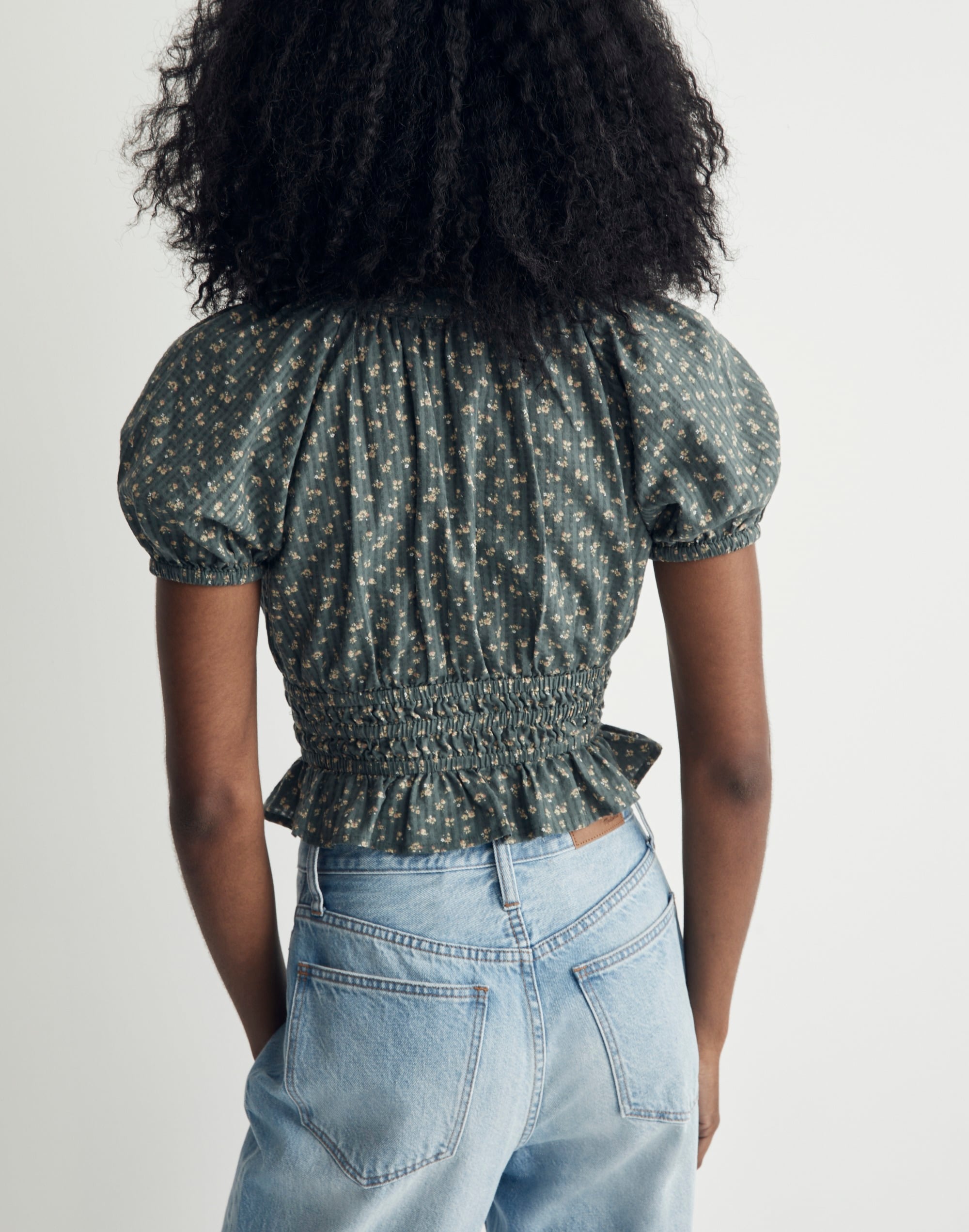 Poplin Puff-Sleeve Smocked Crop Top in Bitsy Bouquet