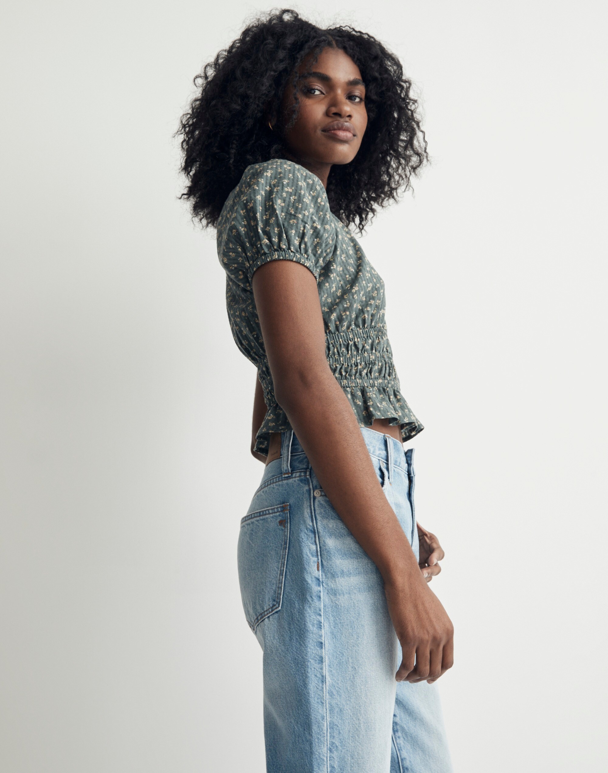 Poplin Puff-Sleeve Smocked Crop Top in Bitsy Bouquet