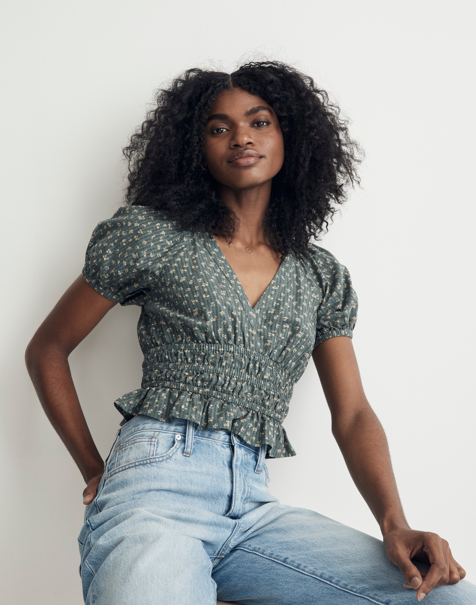 Poplin Puff-Sleeve Smocked Crop Top in Bitsy Bouquet