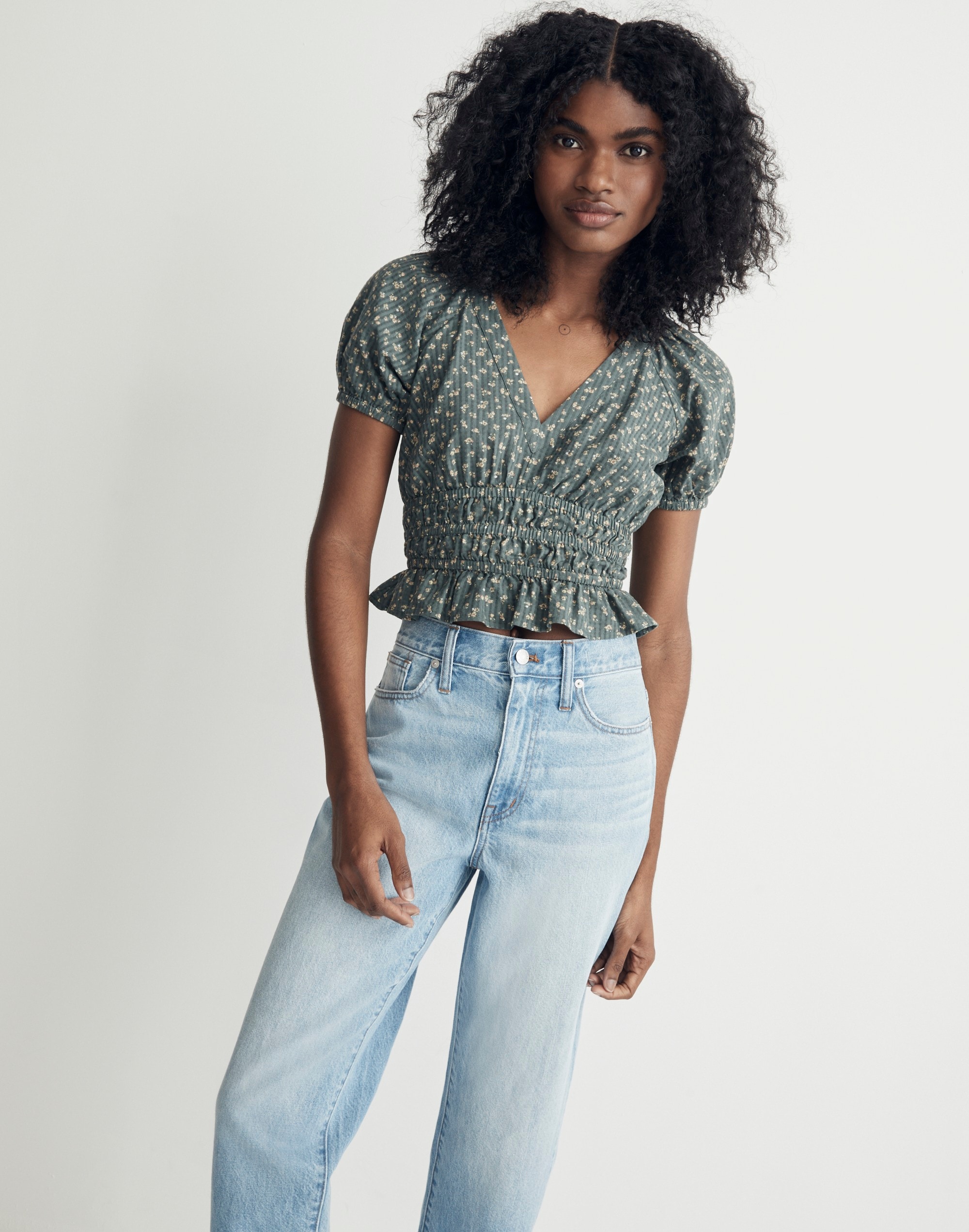 Poplin Puff-Sleeve Smocked Crop Top in Bitsy Bouquet