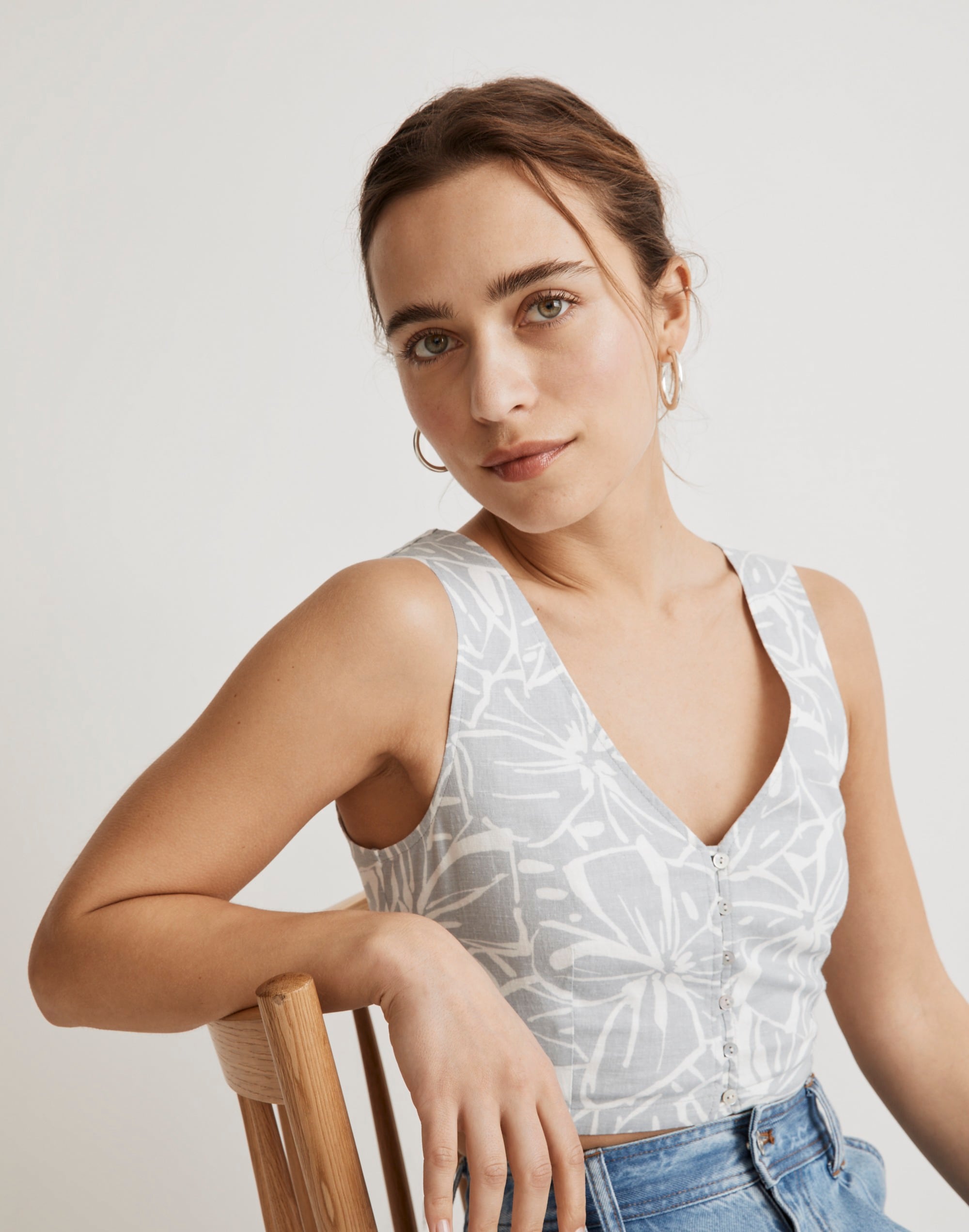 Linen-Blend Gwen Crop Vest Top in Abstract Flora