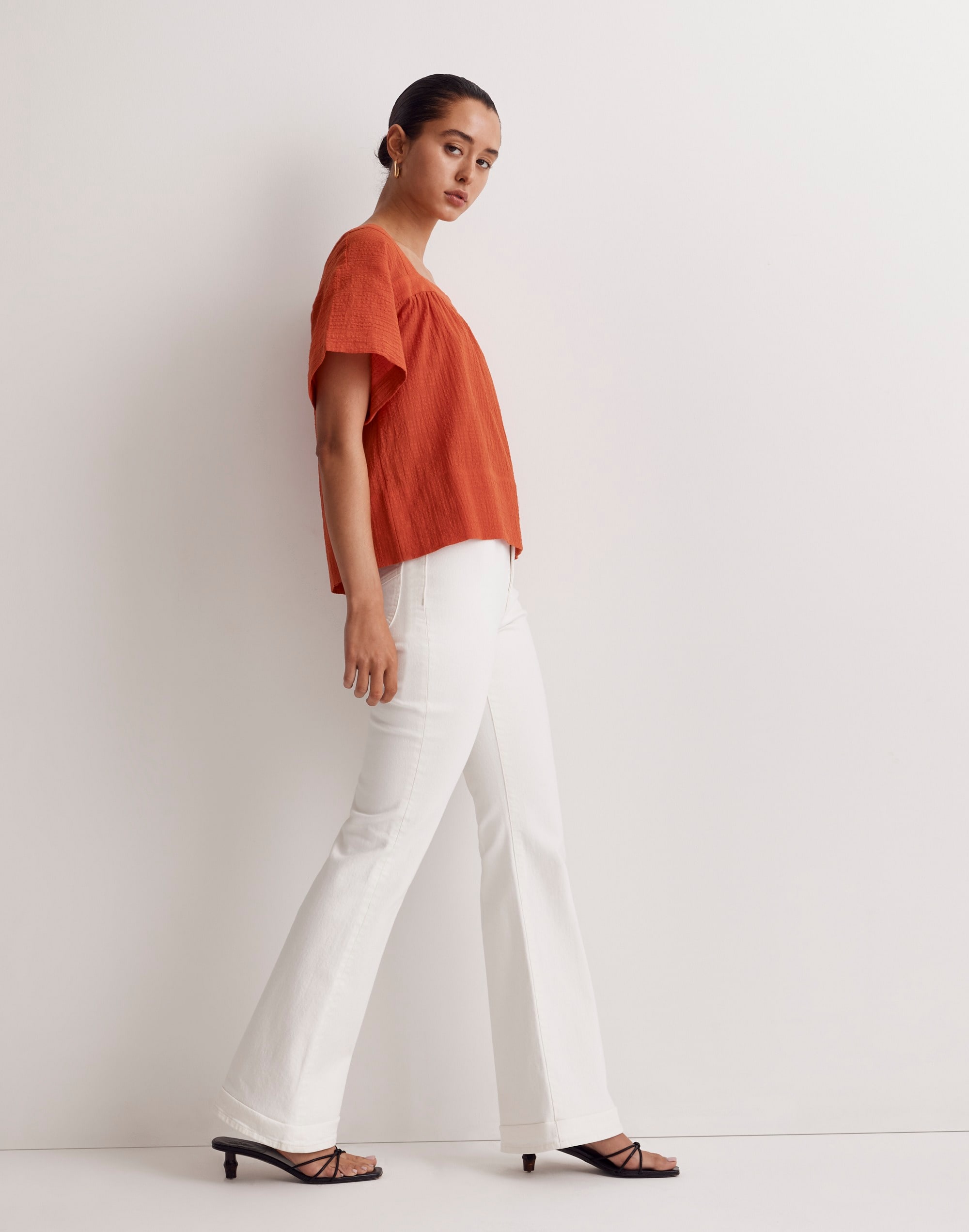 Square-Neck Short-Sleeve Popover Top in Windowpane