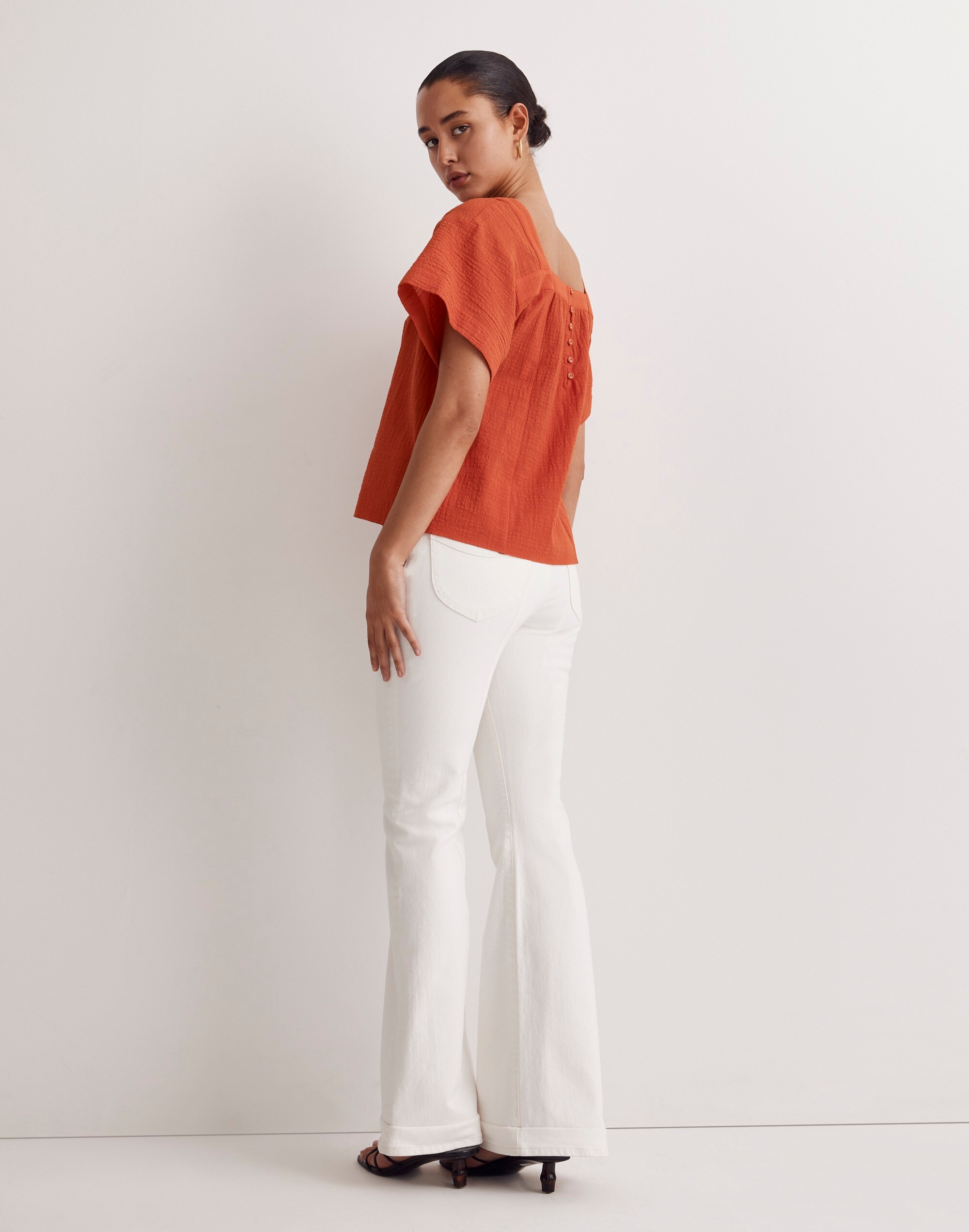 Square-Neck Short-Sleeve Popover Top in Windowpane