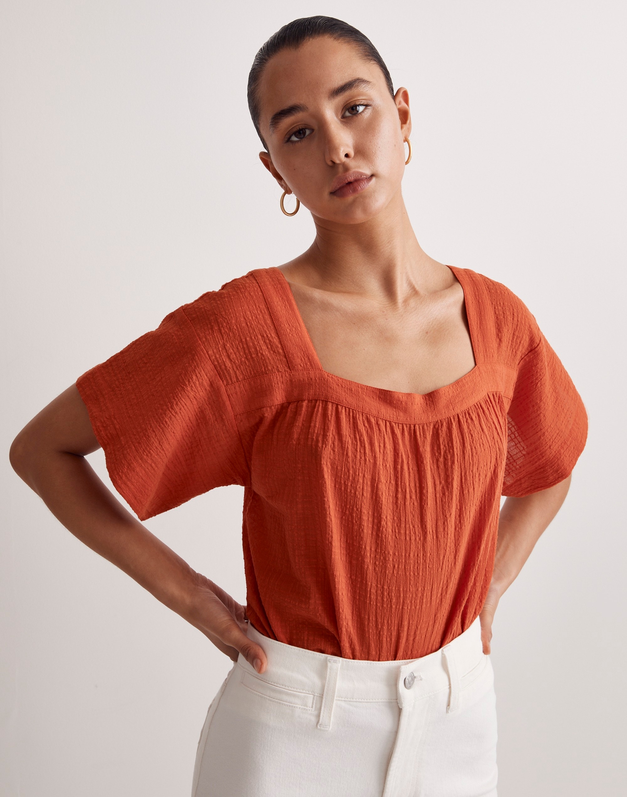 Square-Neck Short-Sleeve Popover Top in Windowpane