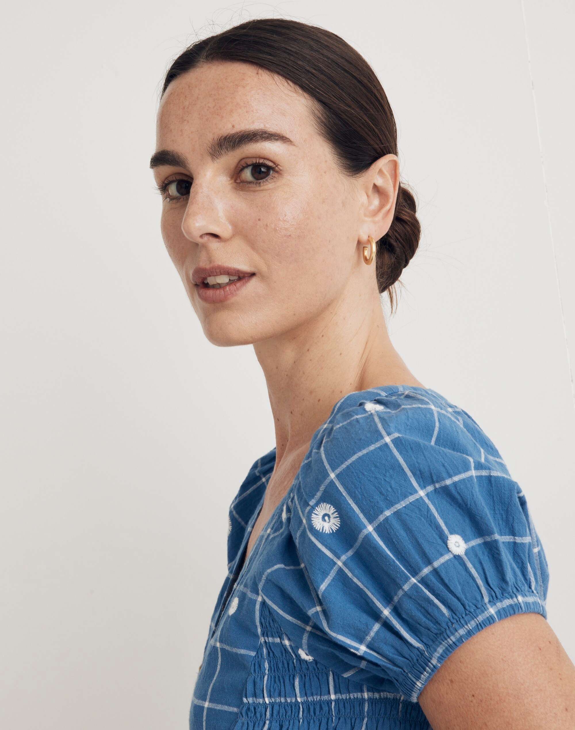 Embroidered Puff-Sleeve Crop Top in Windowpane