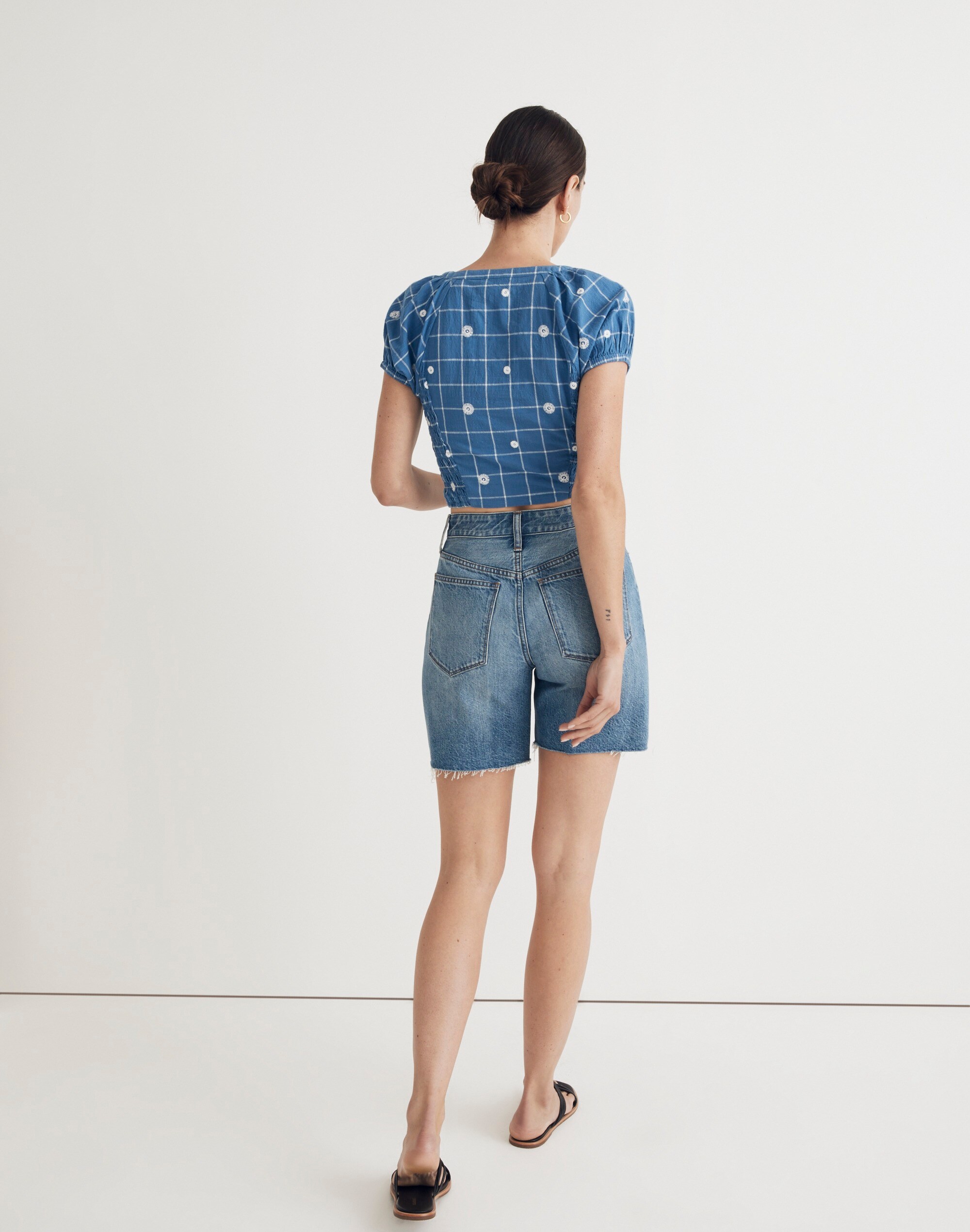 Embroidered Puff-Sleeve Crop Top in Windowpane