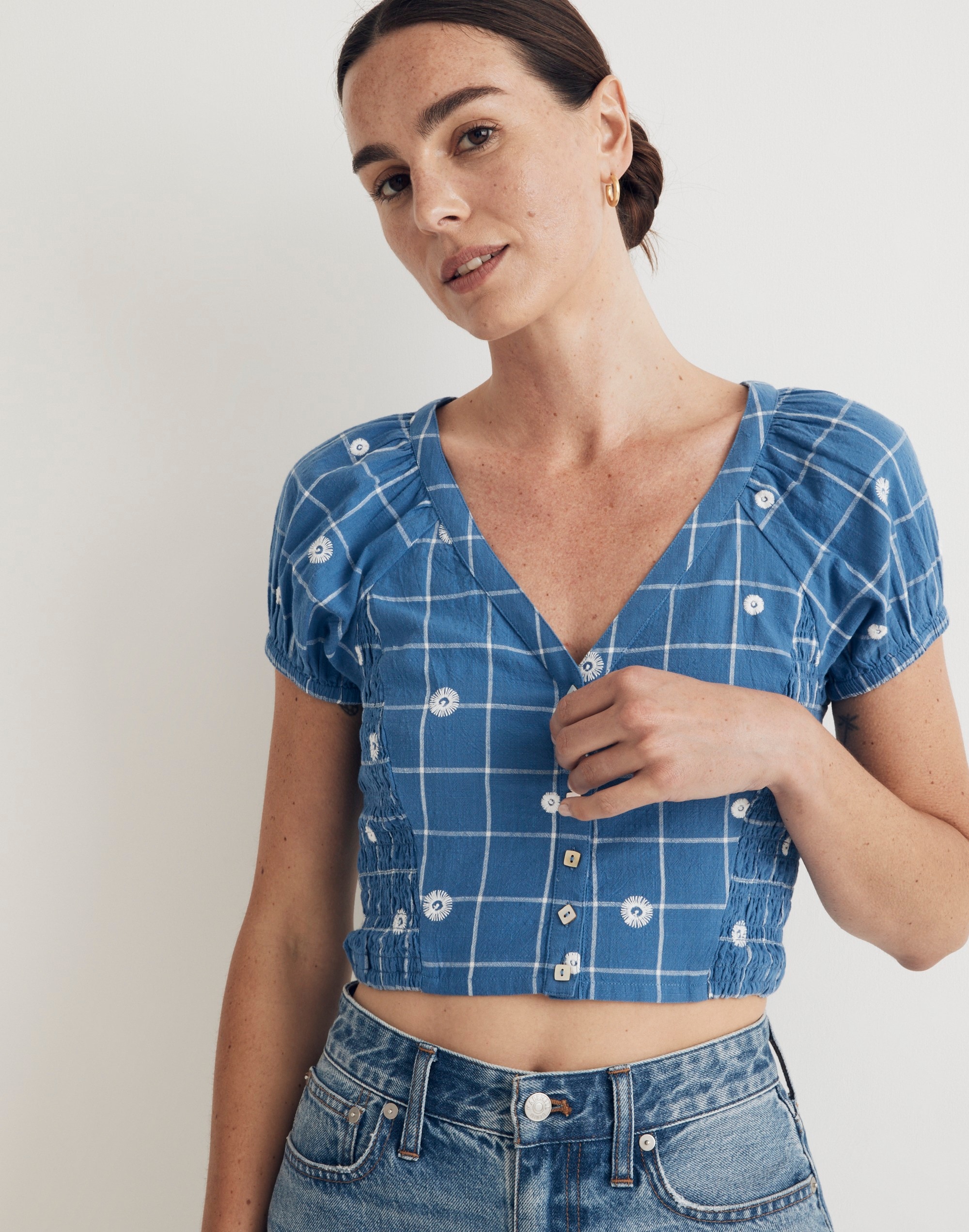 Embroidered Puff-Sleeve Crop Top in Windowpane