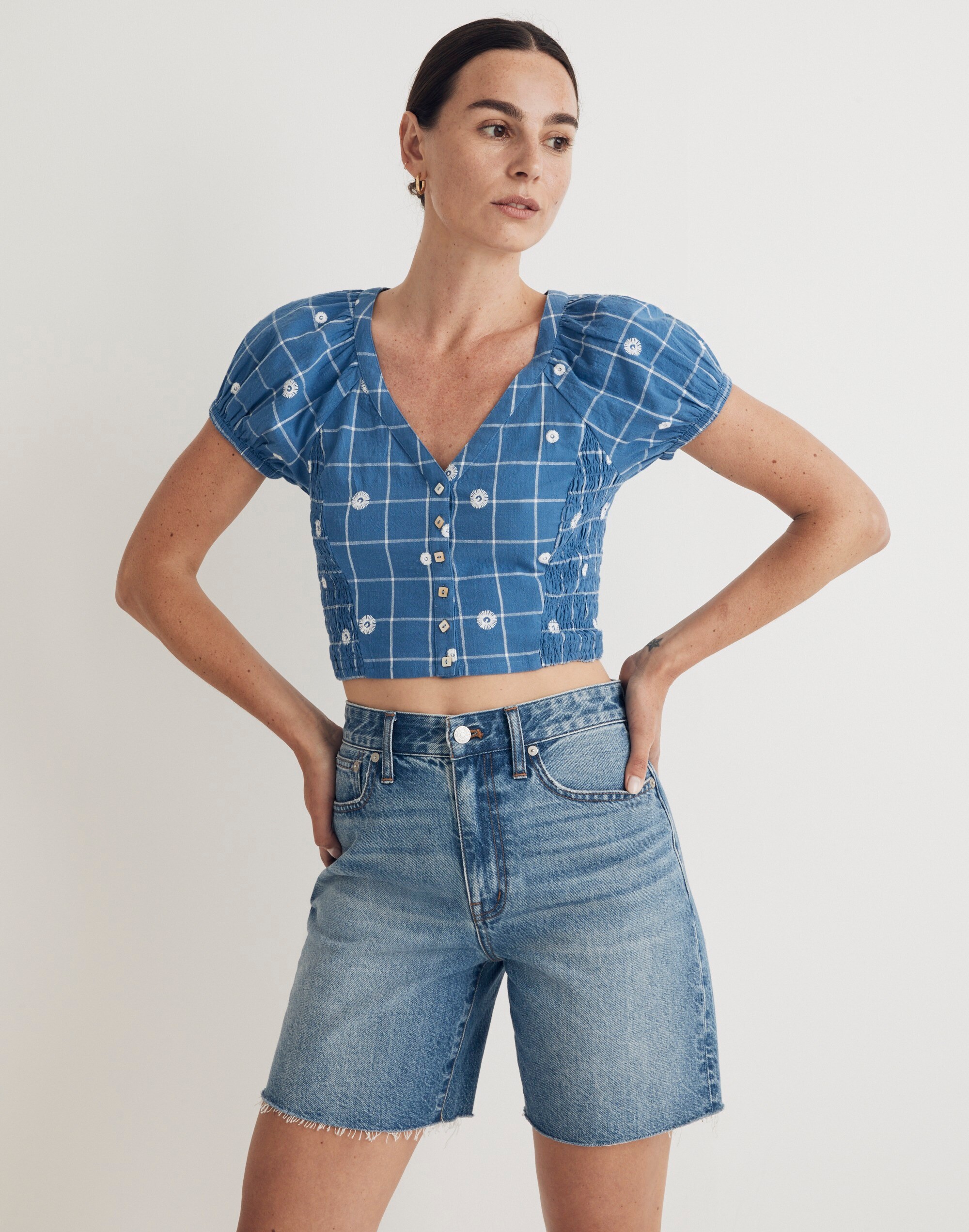 Embroidered Puff-Sleeve Crop Top in Windowpane