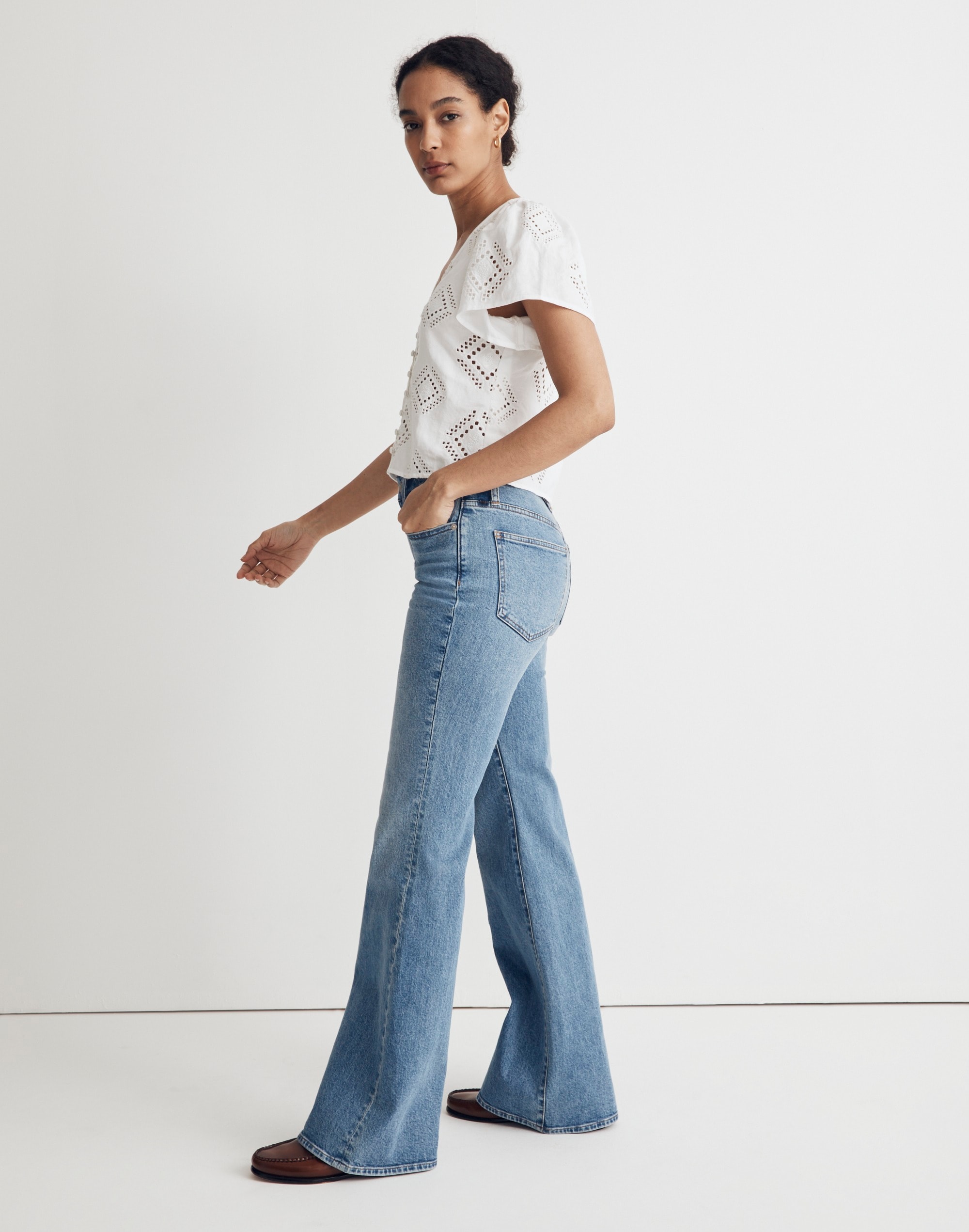 Eyelet Flutter-Sleeve Top