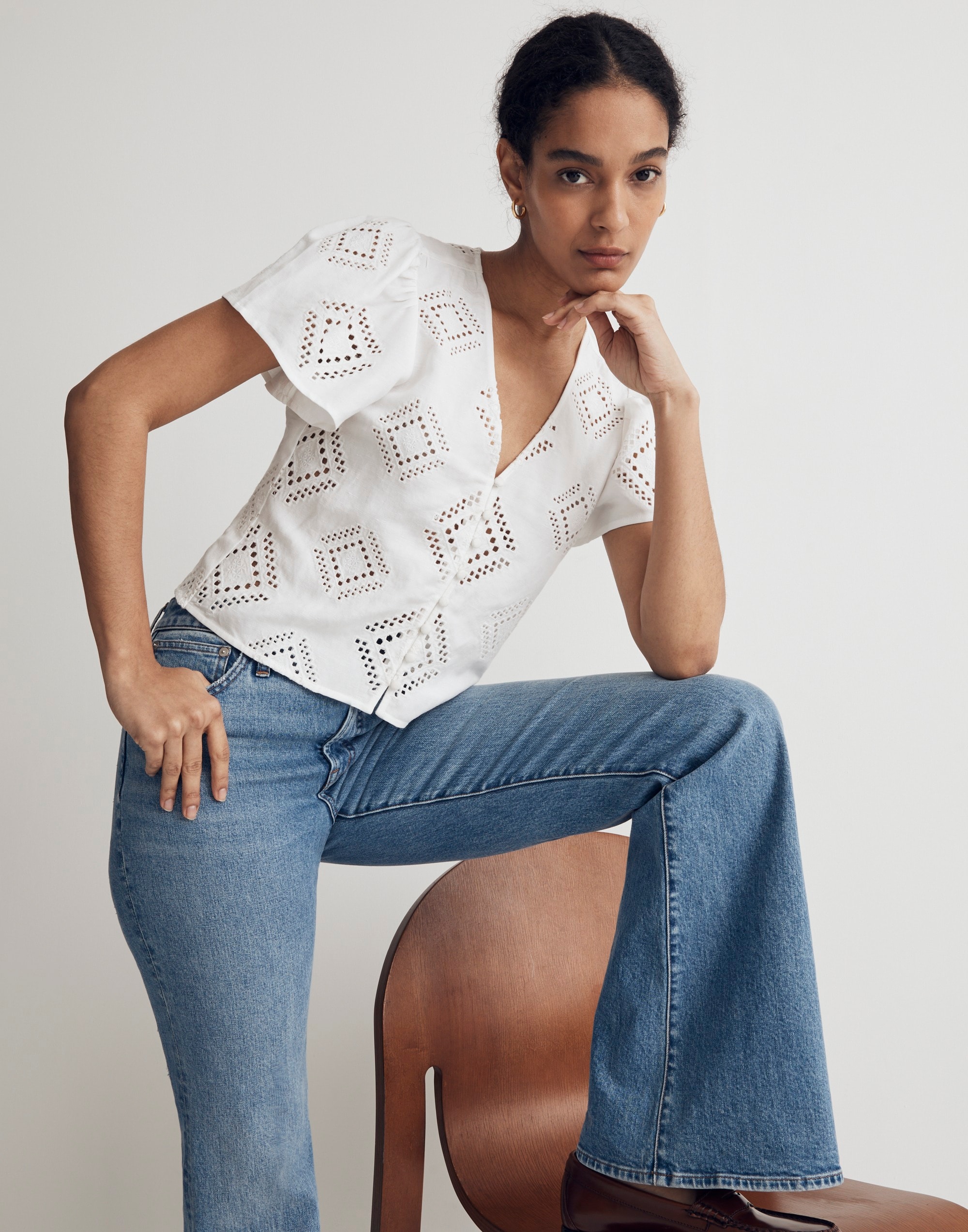 Eyelet Flutter-Sleeve Top