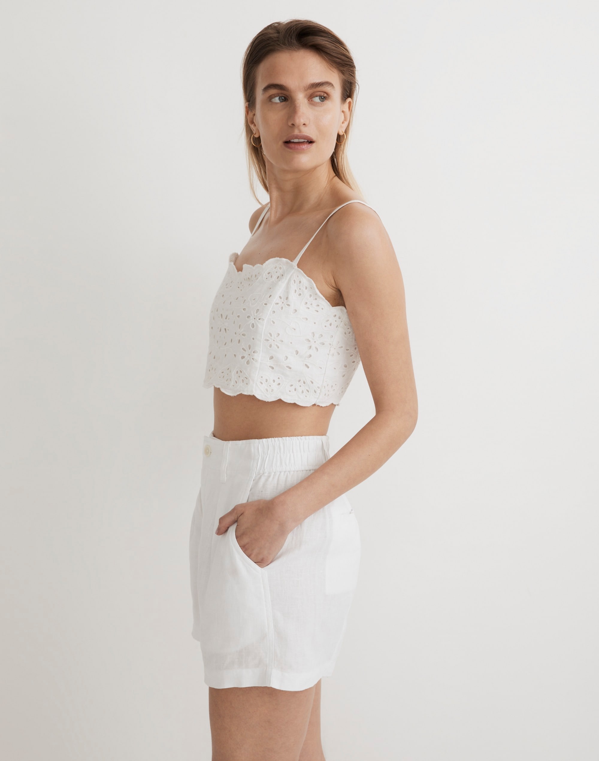 Eyelet Linen-Blend Crop Tank Top