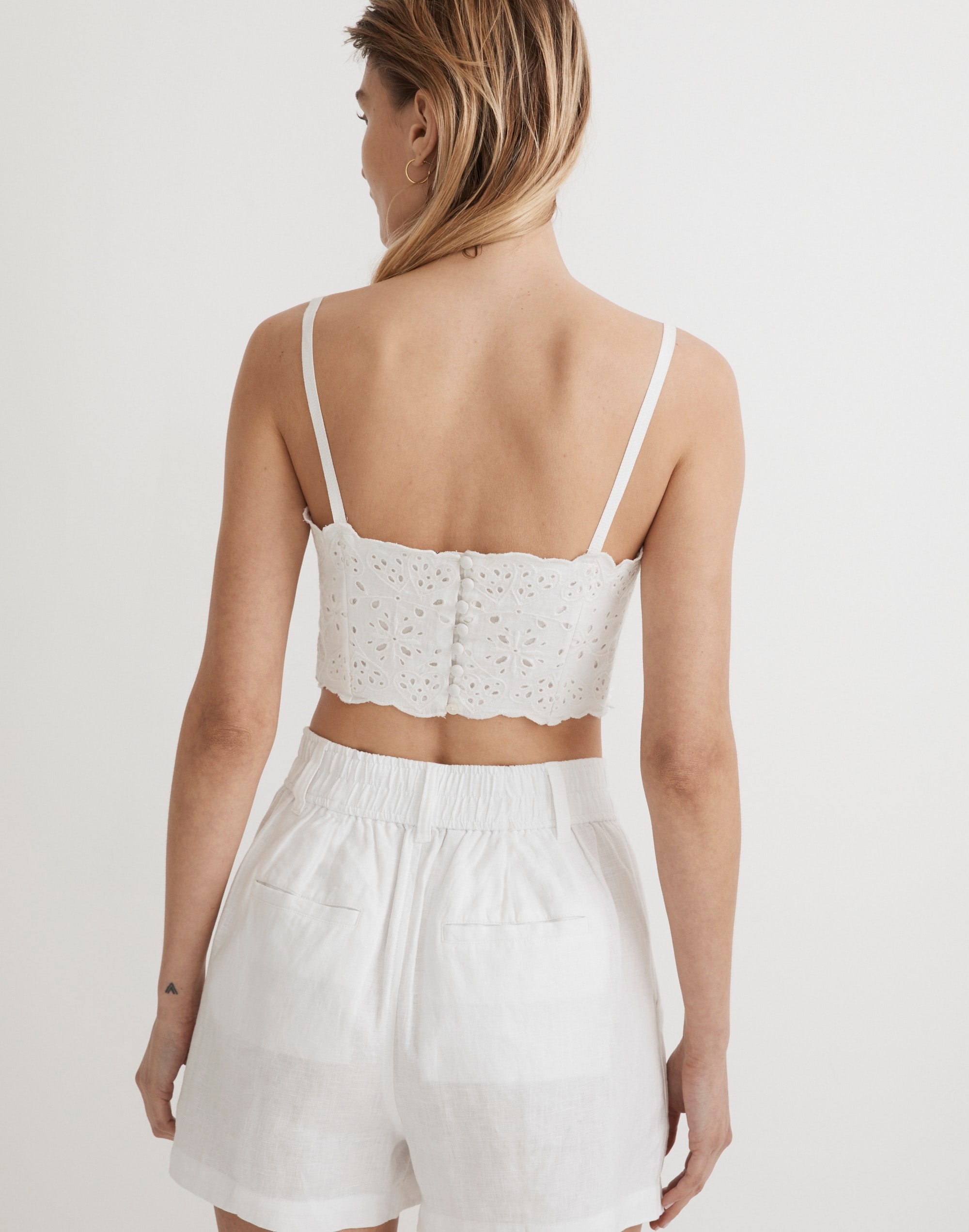 Eyelet Linen-Blend Crop Tank Top