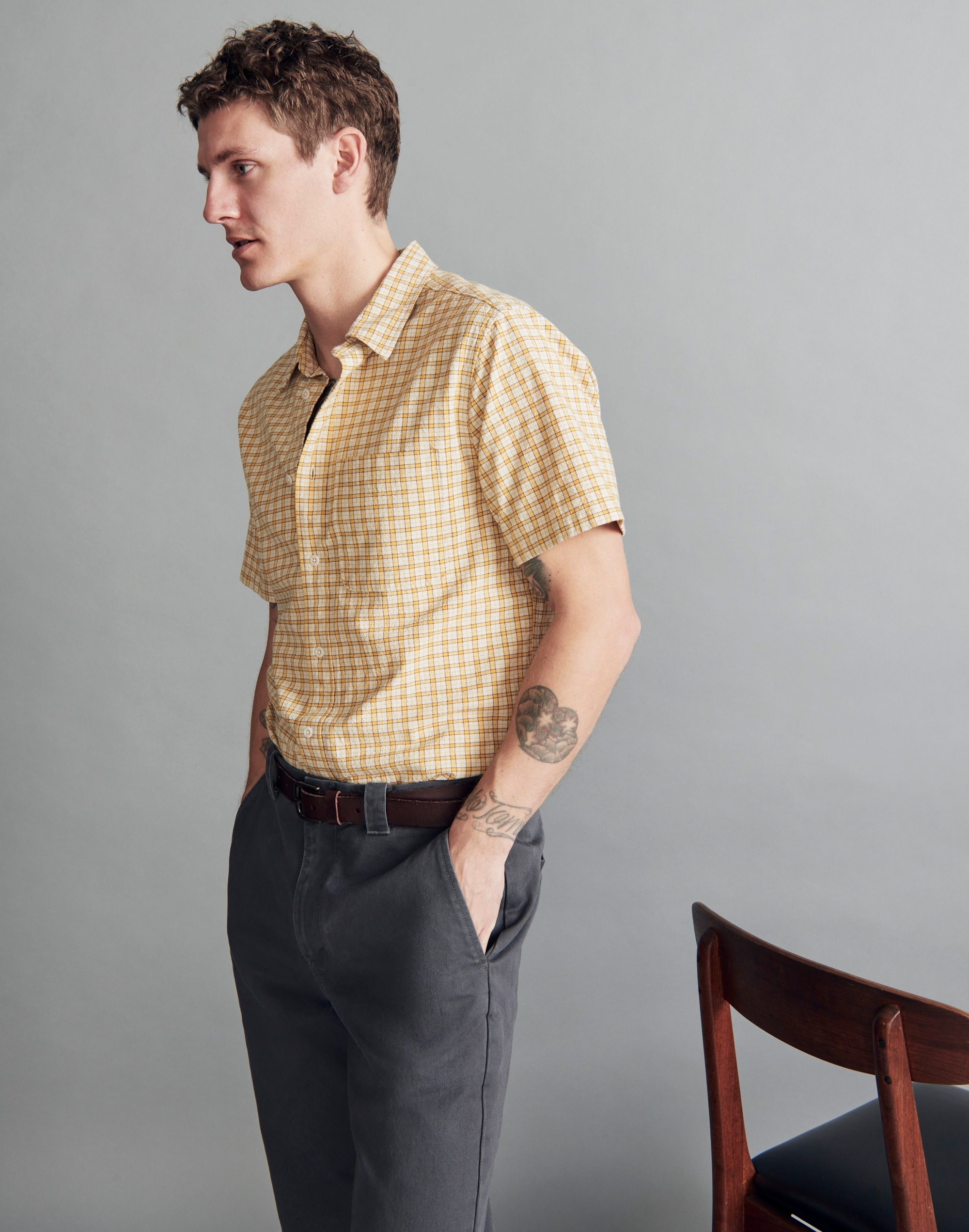 Crinkle Cotton Easy Short-Sleeve Shirt in Plaid