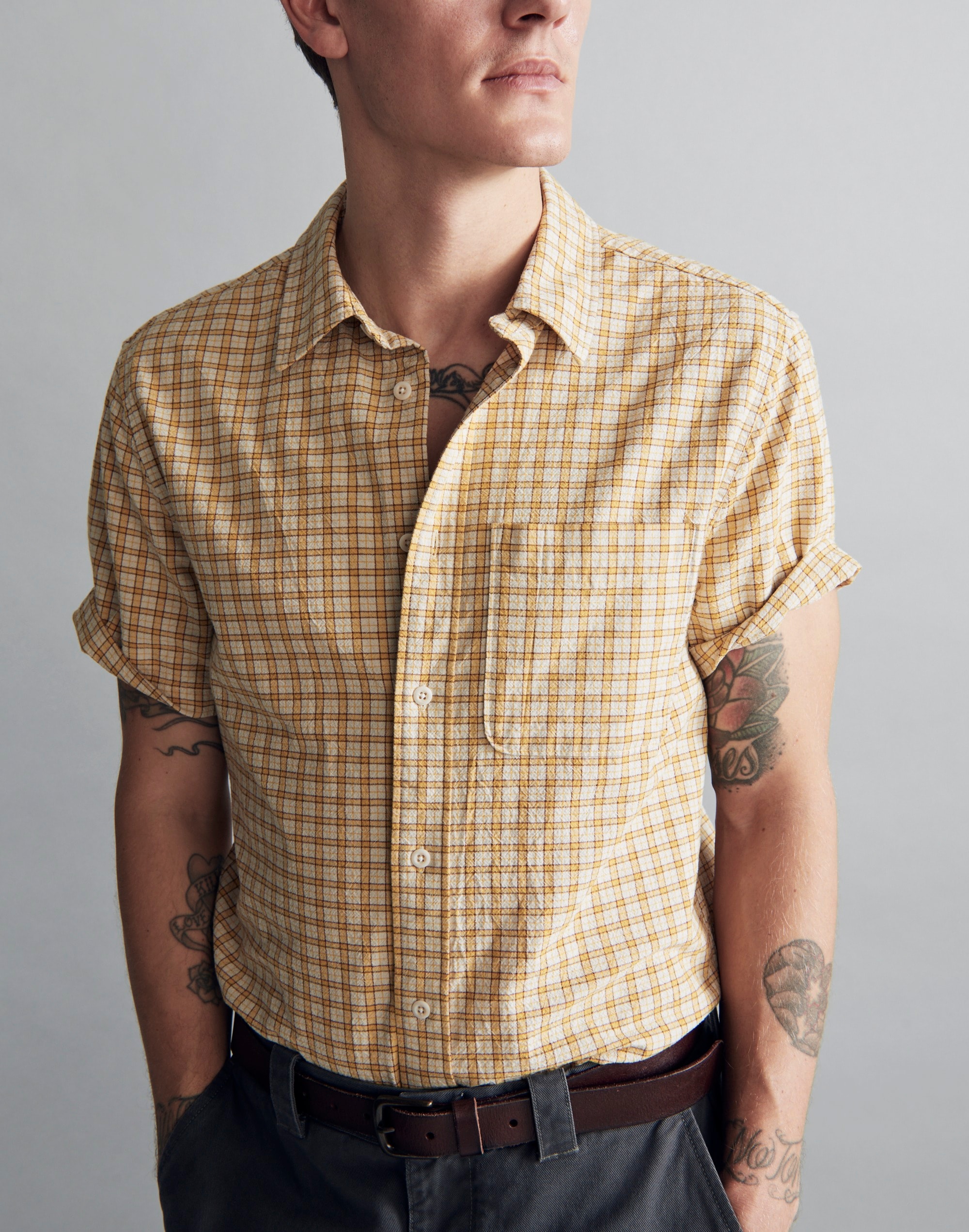 Crinkle Cotton Easy Short-Sleeve Shirt in Plaid