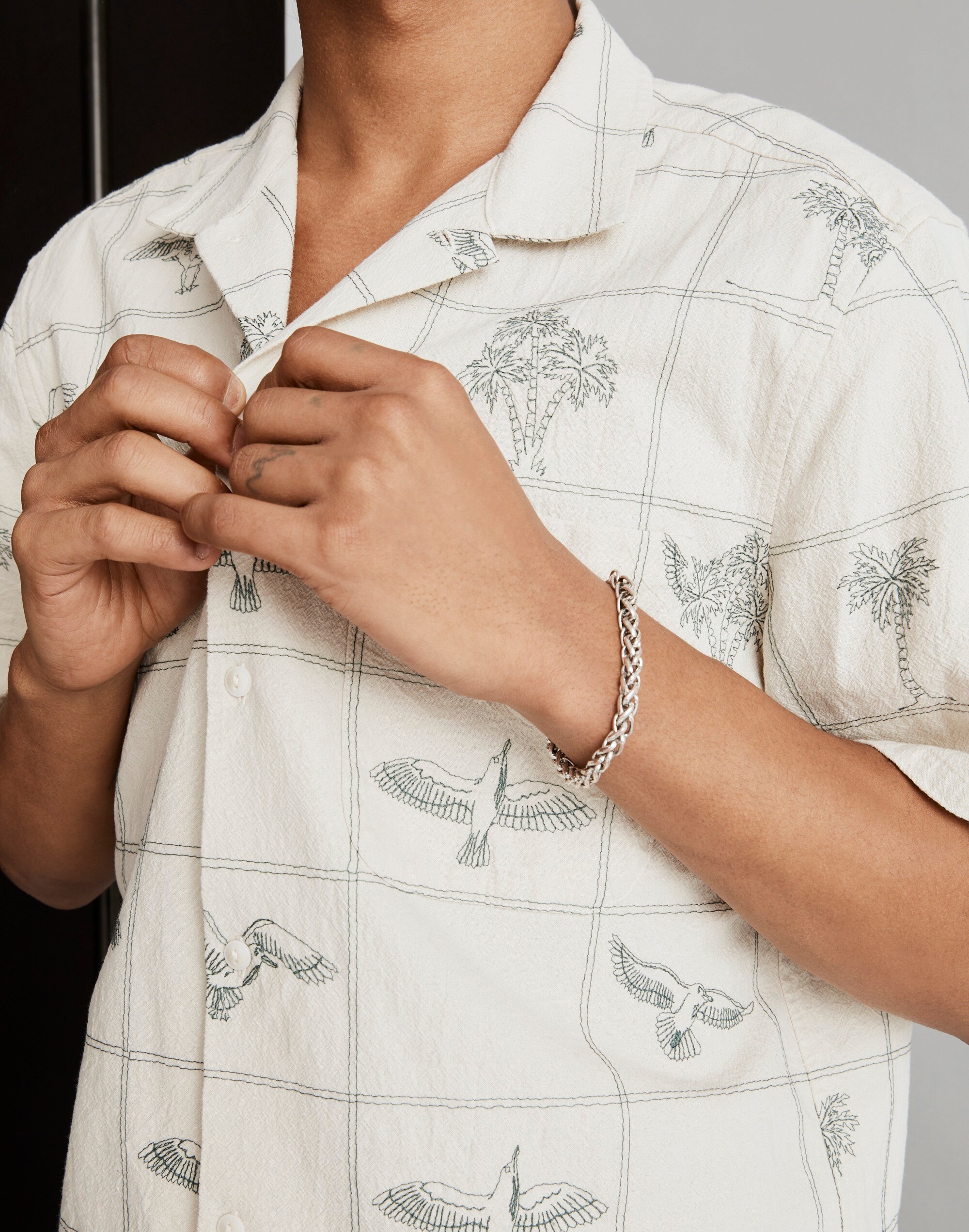 Embroidered Crinkle Cotton Easy Short-Sleeve Shirt