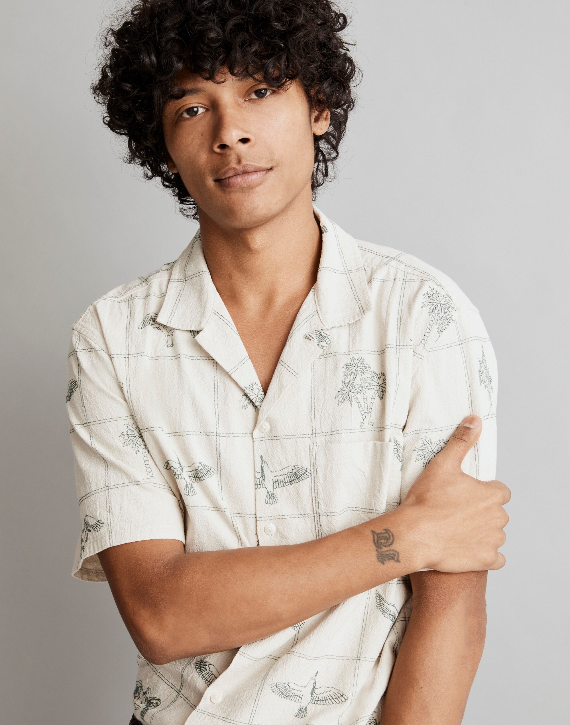 Embroidered Crinkle Cotton Easy Short-Sleeve Shirt