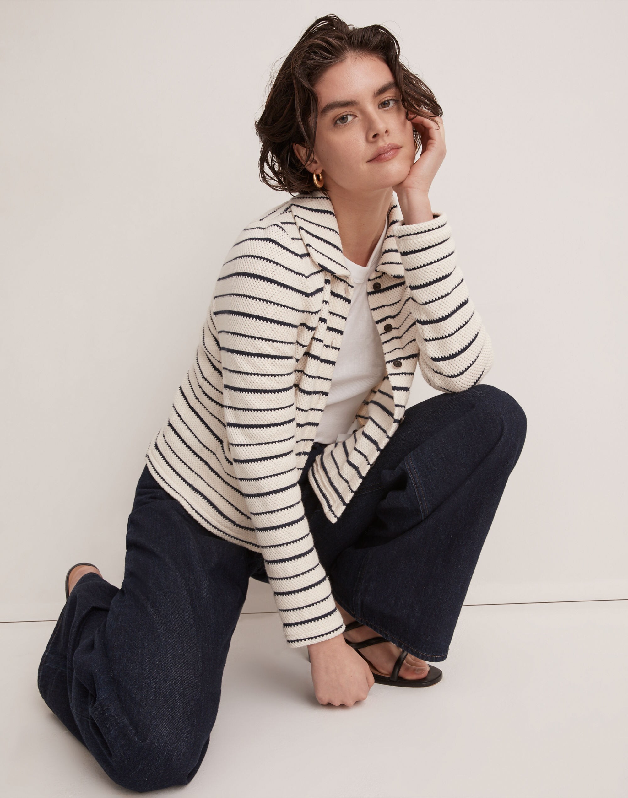 Striped Button-Front Collared Cardigan
