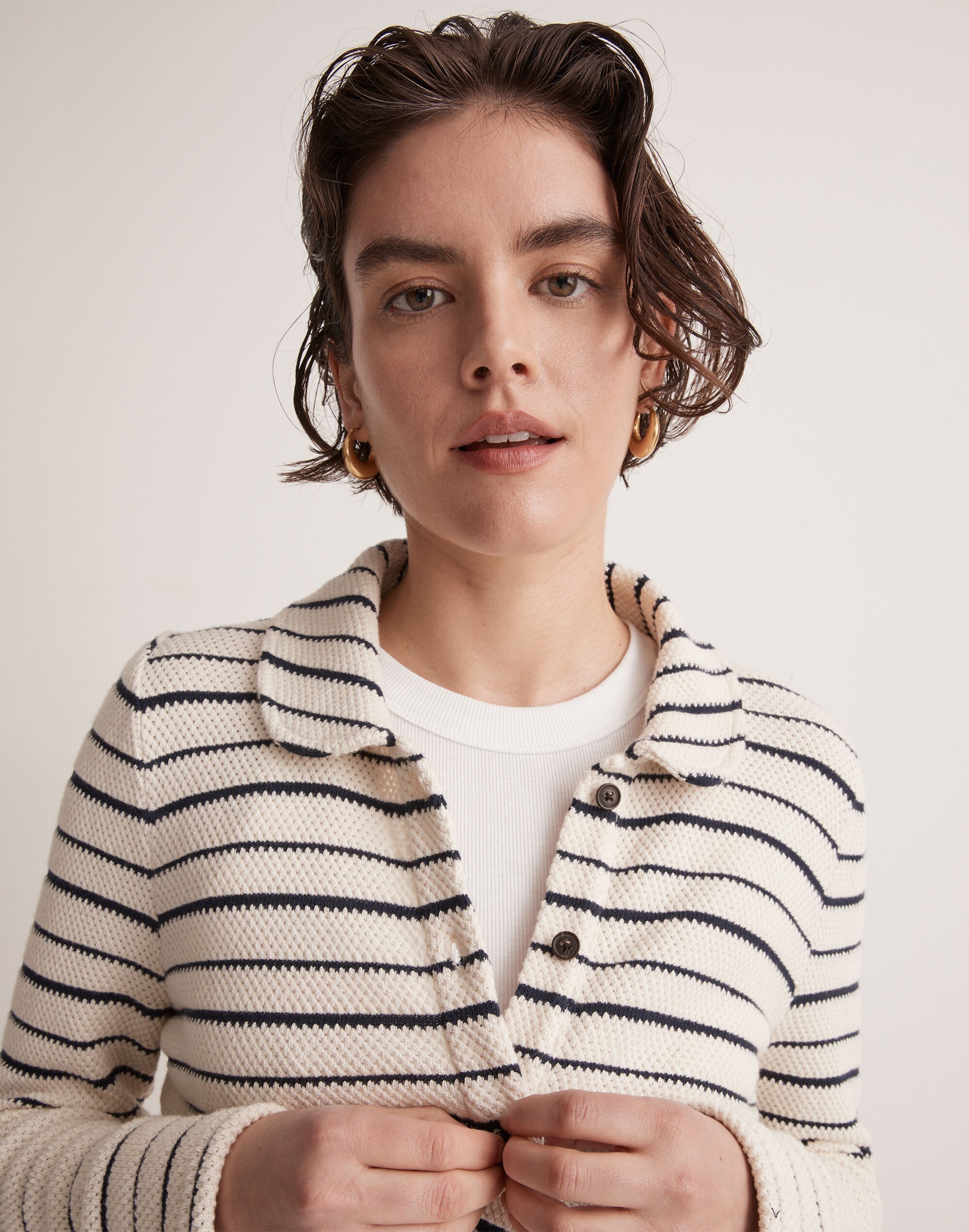 Striped Button-Front Collared Cardigan