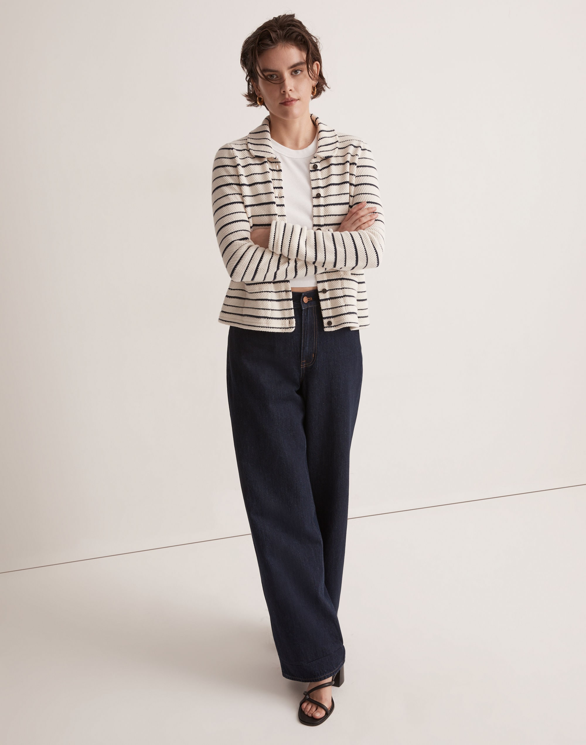 striped button-front collared cardigan