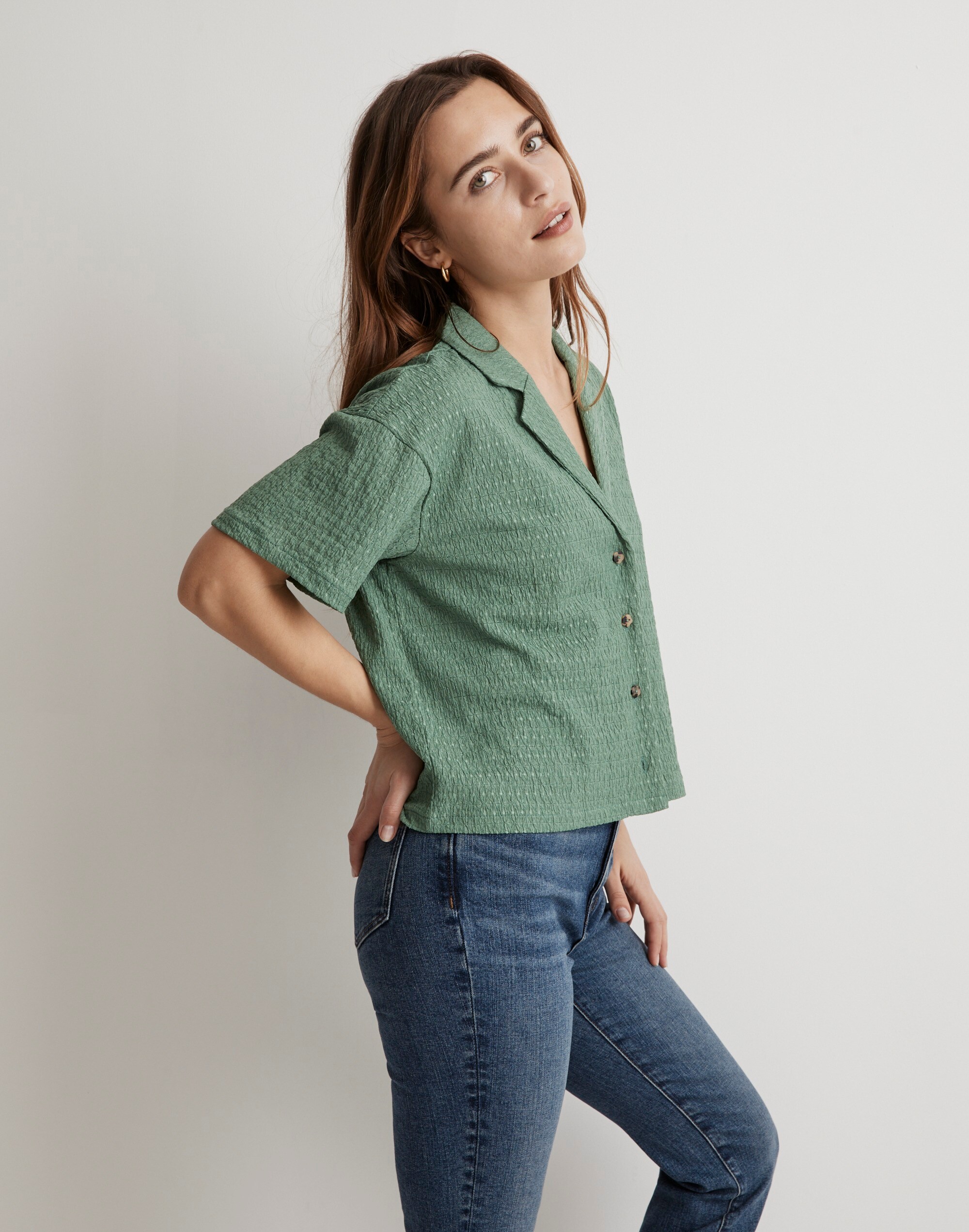 Crinkle-Knit Button-Front Top