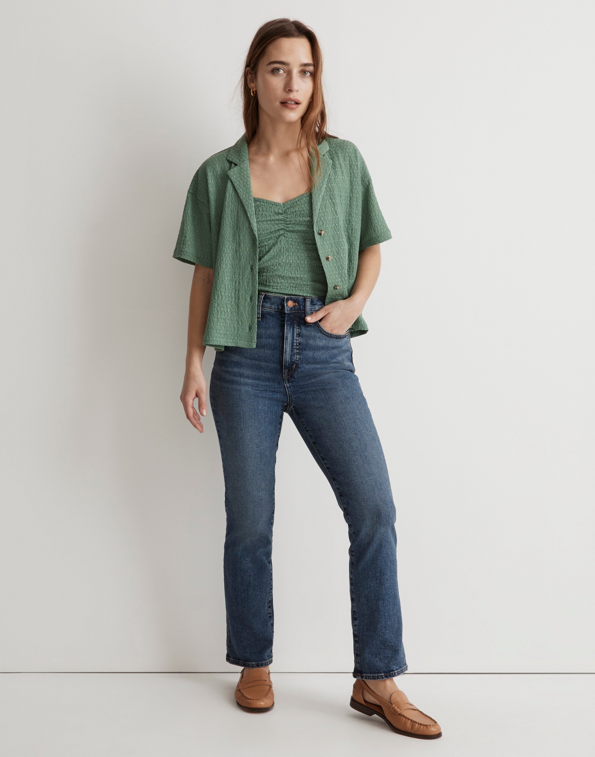 Crinkle-Knit Button-Front Top