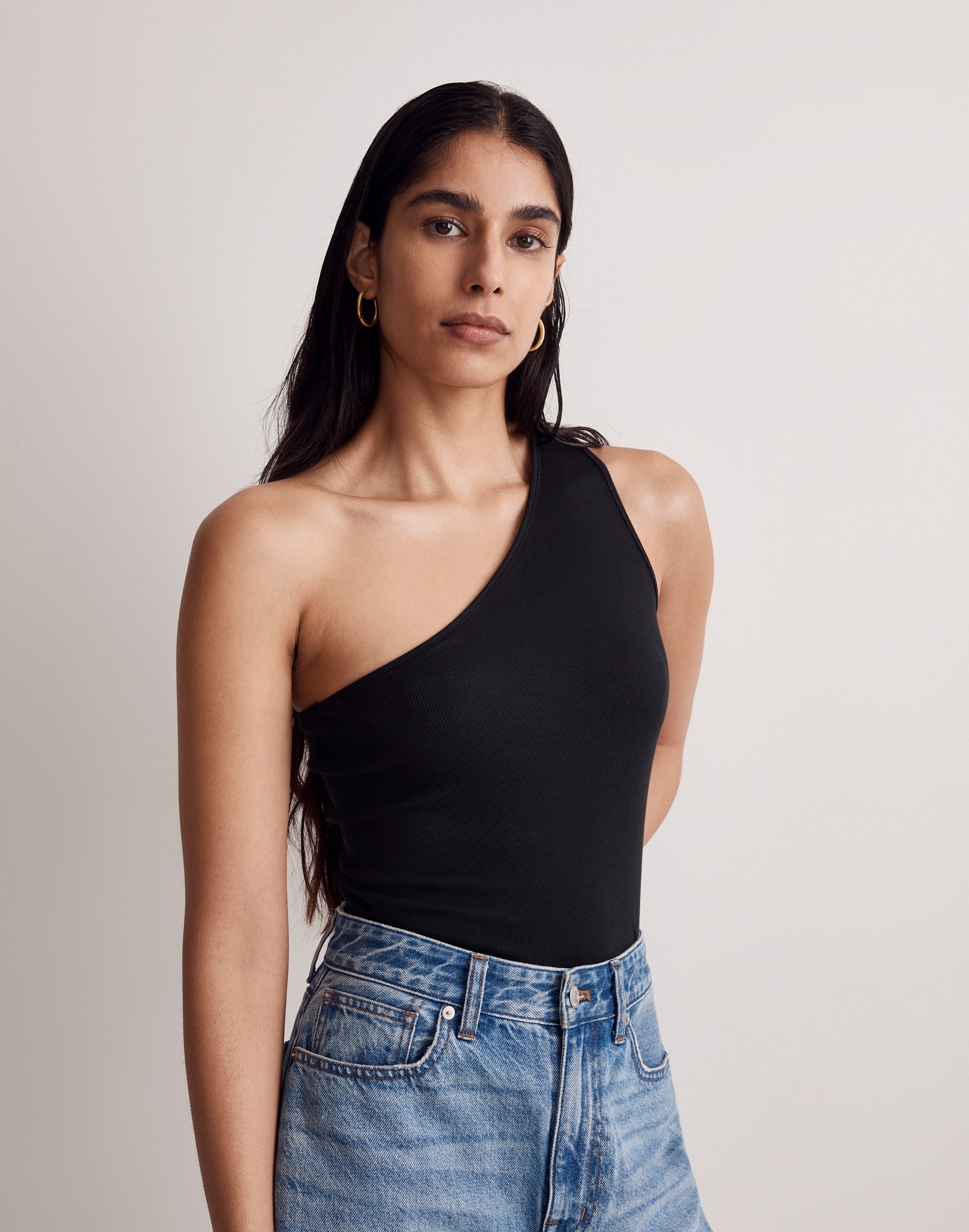 Supima&reg; Rib One-Shoulder Tank in true black image 4