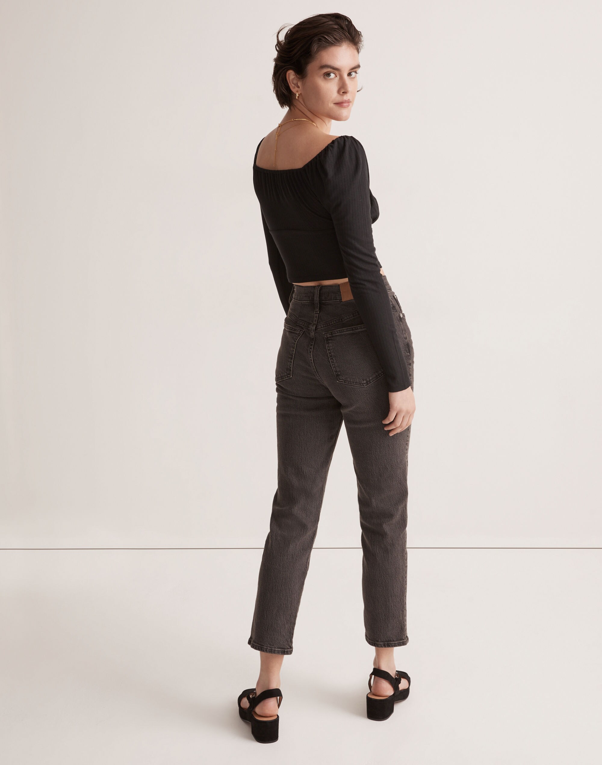 Ribbed Square-Neck Long-Sleeve Top
