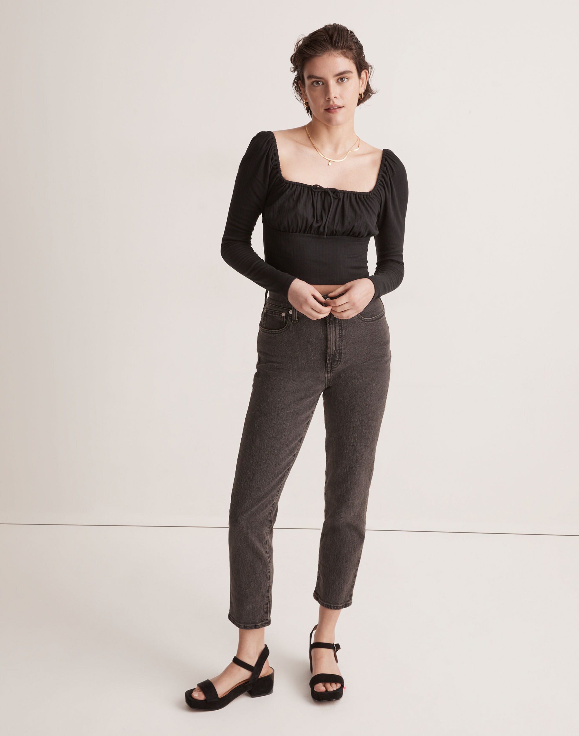 Ribbed Square-Neck Long-Sleeve Top