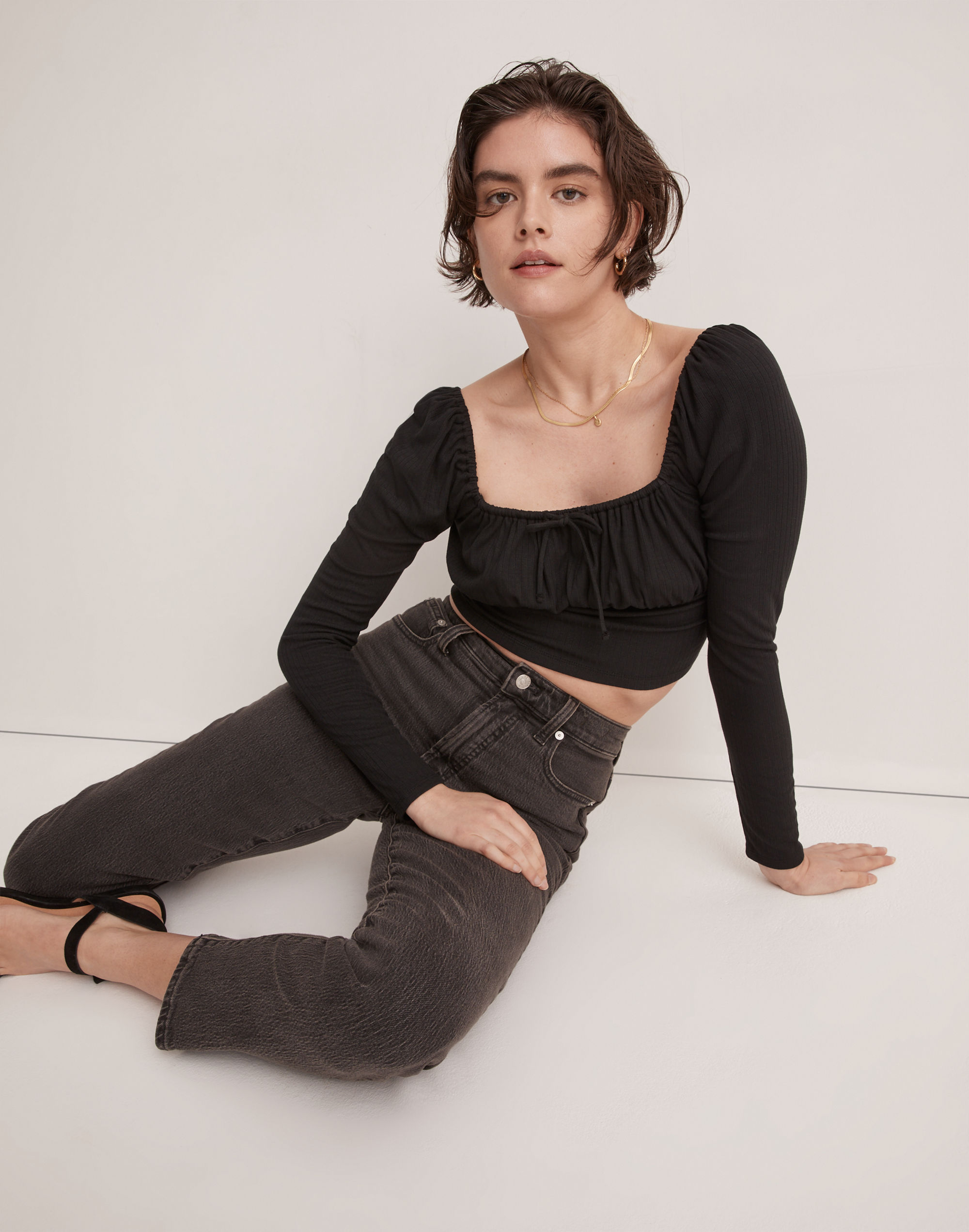 ribbed square-neck long-sleeve top