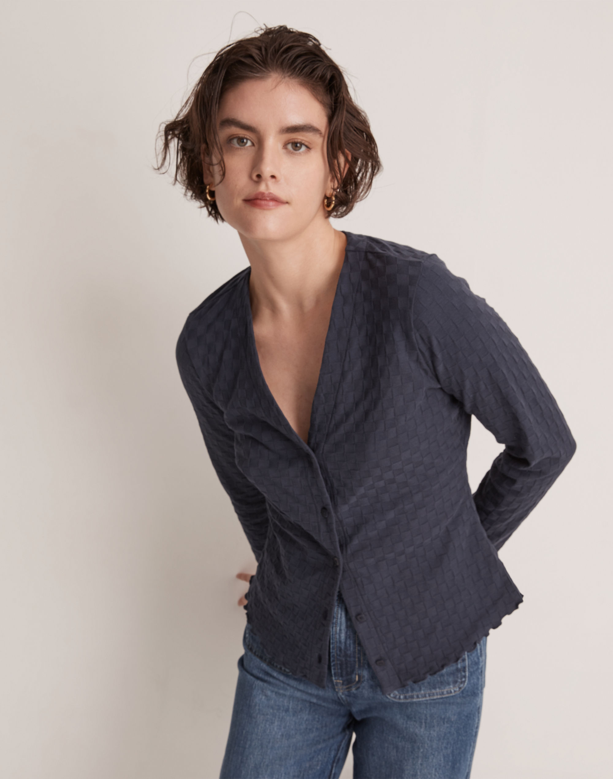 V-Neck Cardigan in Checkerboard Jacquard Alternate Image 1