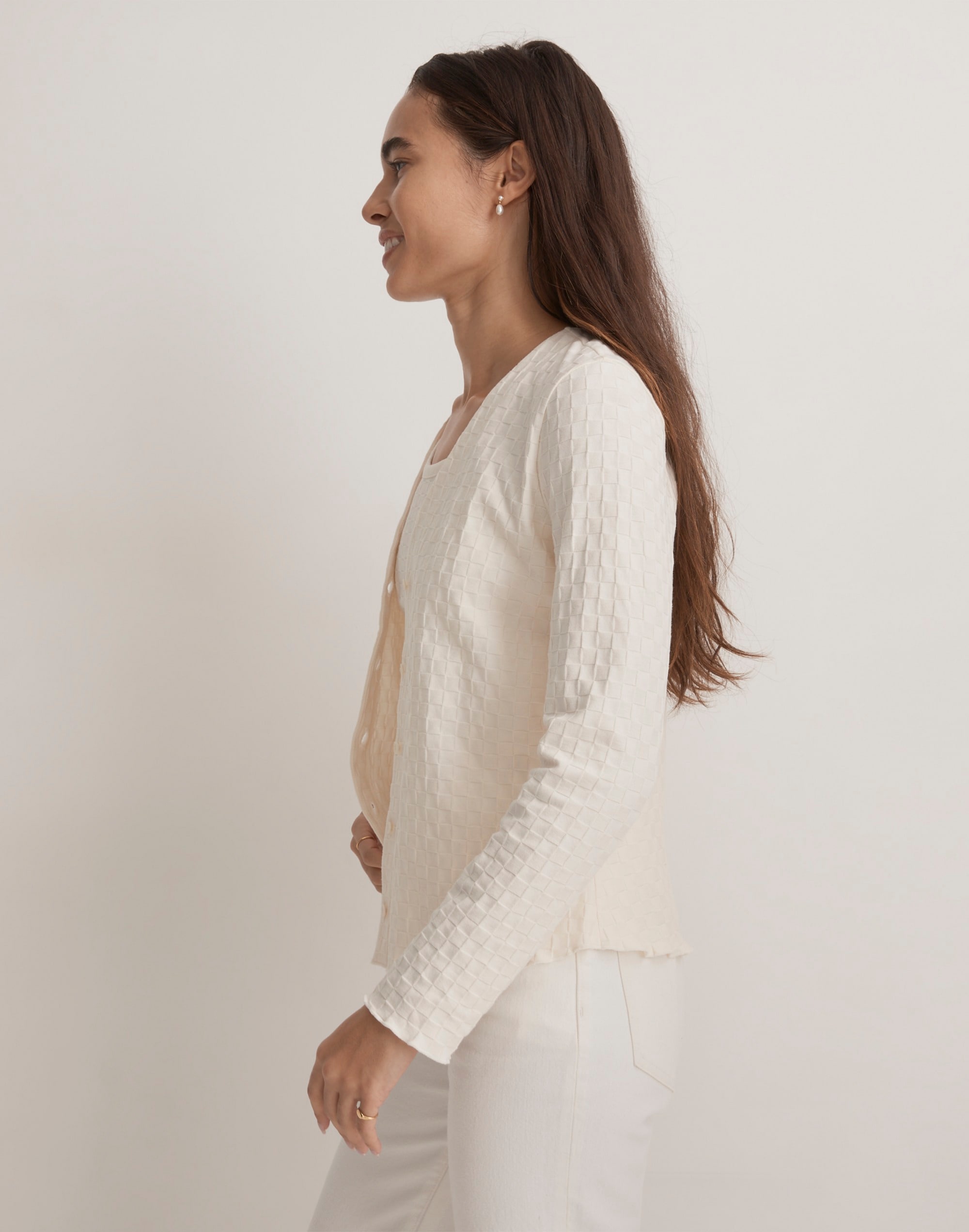 V-Neck Cardigan in Checkerboard Jacquard