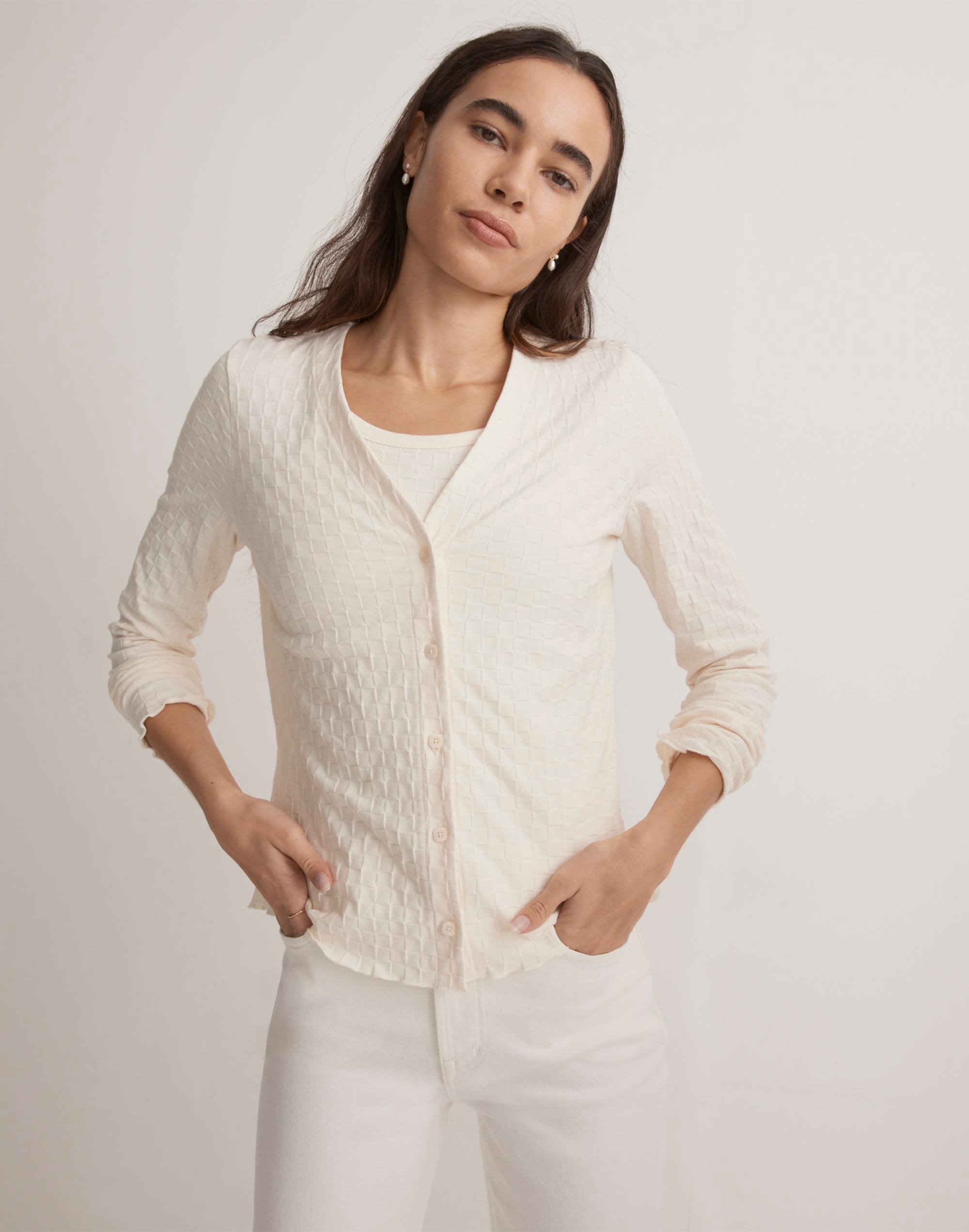 V-Neck Cardigan in Checkerboard Jacquard