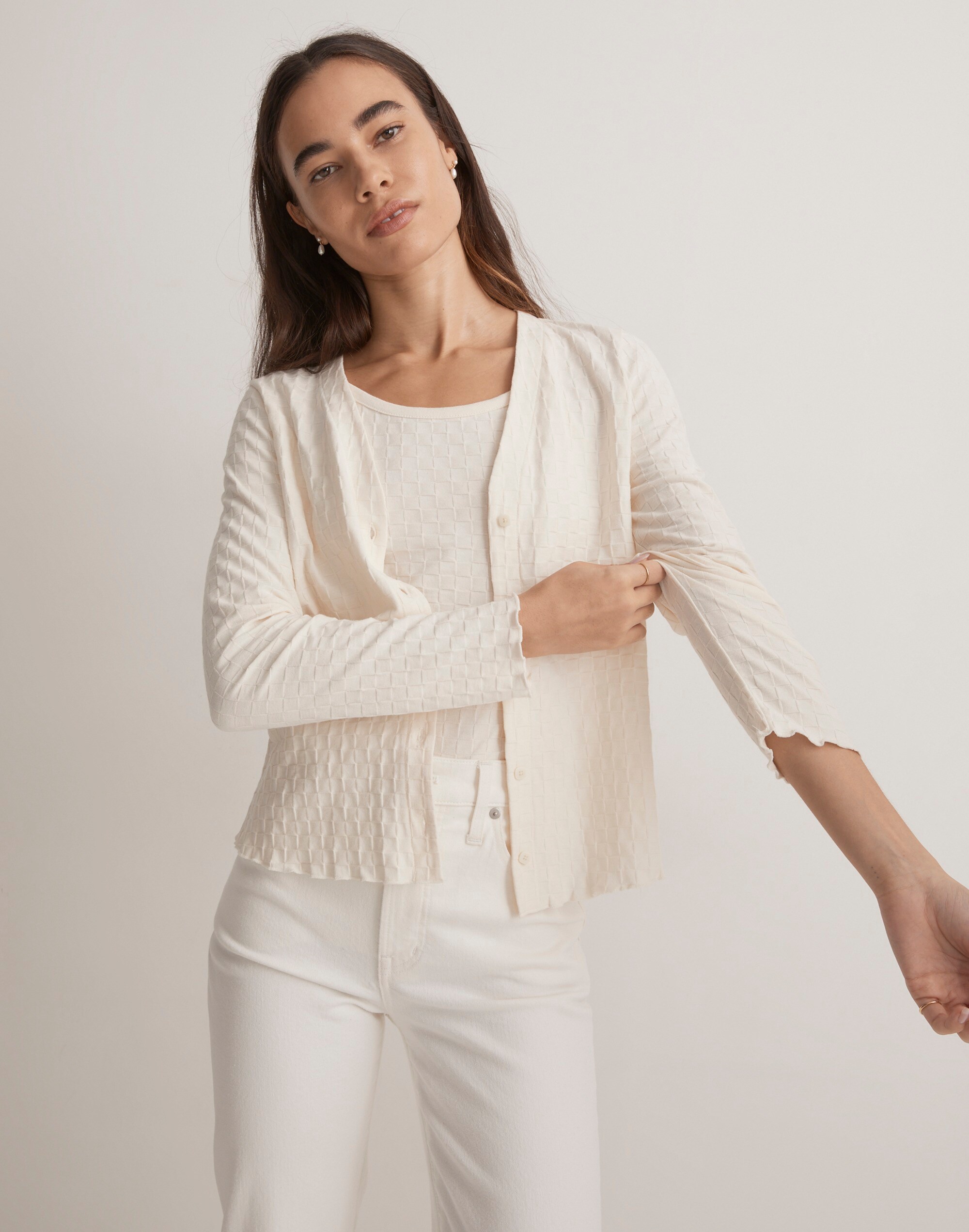 V-Neck Cardigan in Checkerboard Jacquard